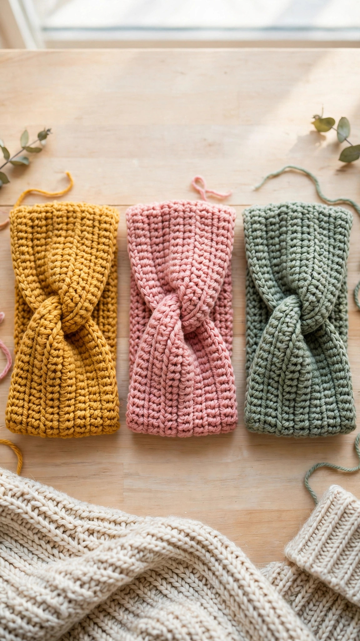 Flat lay of three finished crocheted twisted ear warmers in mustard yellow, dusty rose and sage green, easy crochet ear warmer pattern free