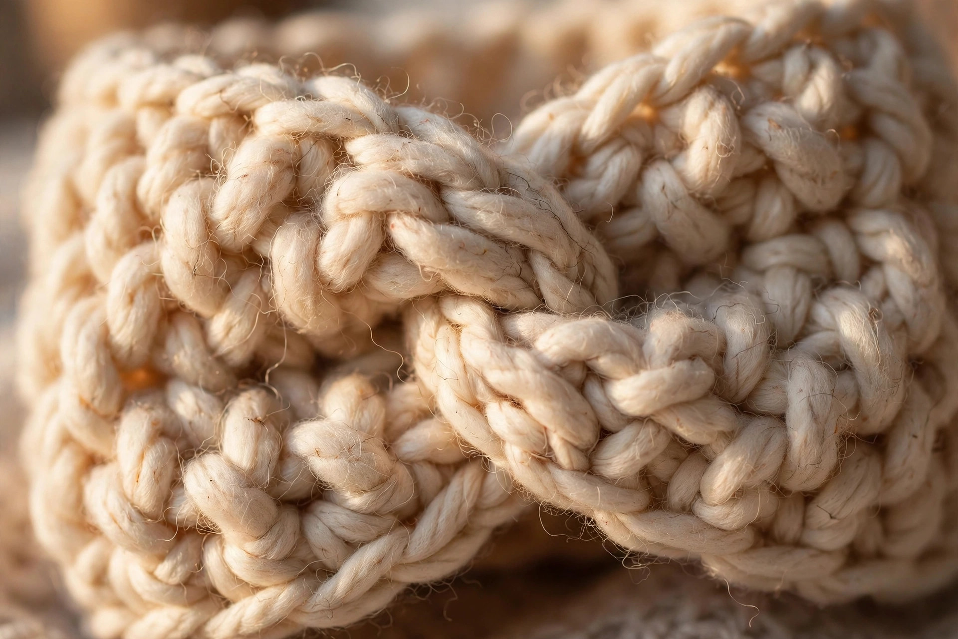 Close-up macro of chunky cream crochet stitches showing the twisted knot detail of a handmade ear warmer, easy crochet ear warmer pattern free