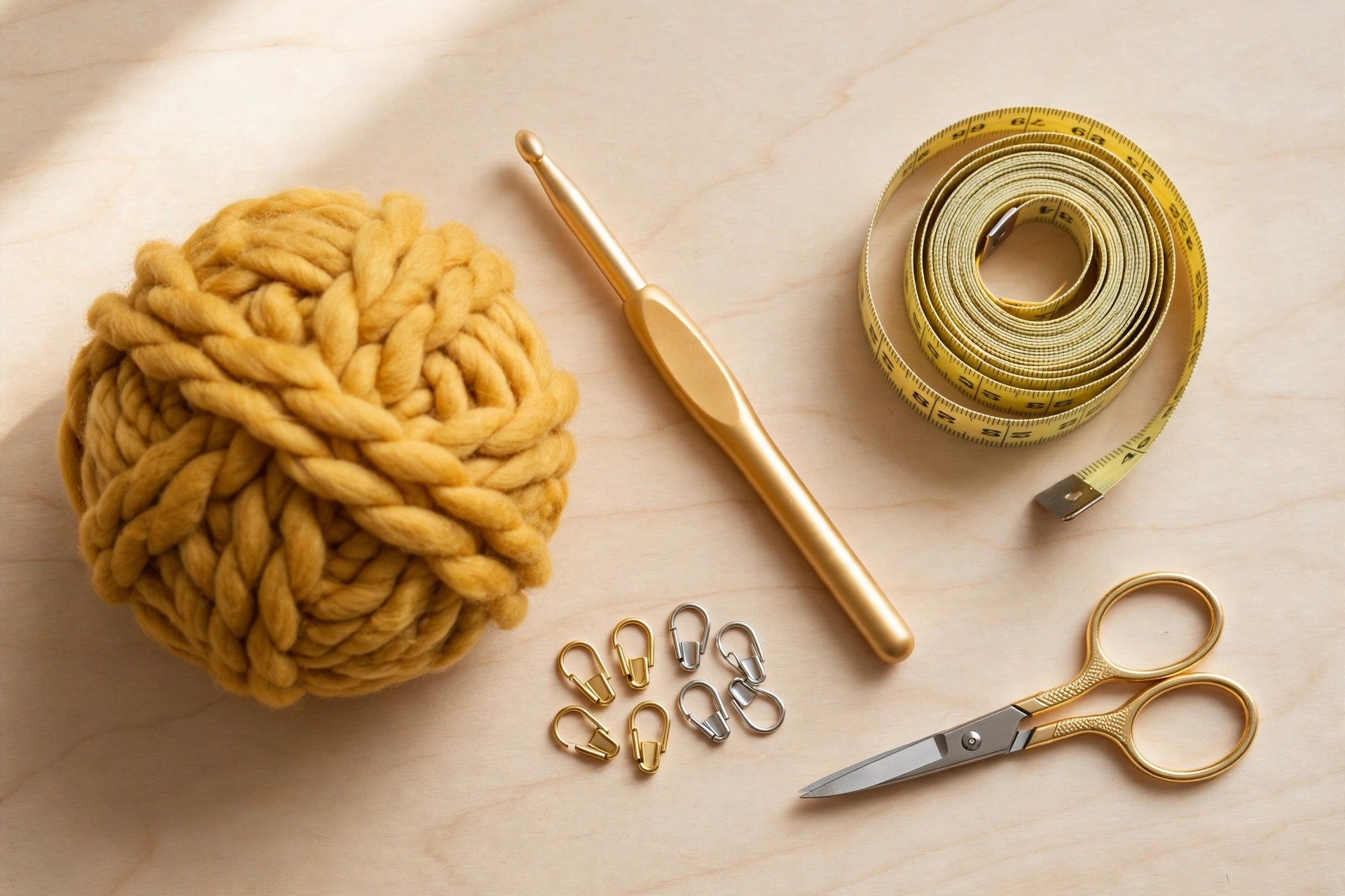Flat lay of crochet materials: mustard yellow chunky yarn, a 6.5mm hook, measuring tape and scissors, easy crochet ear warmer pattern free