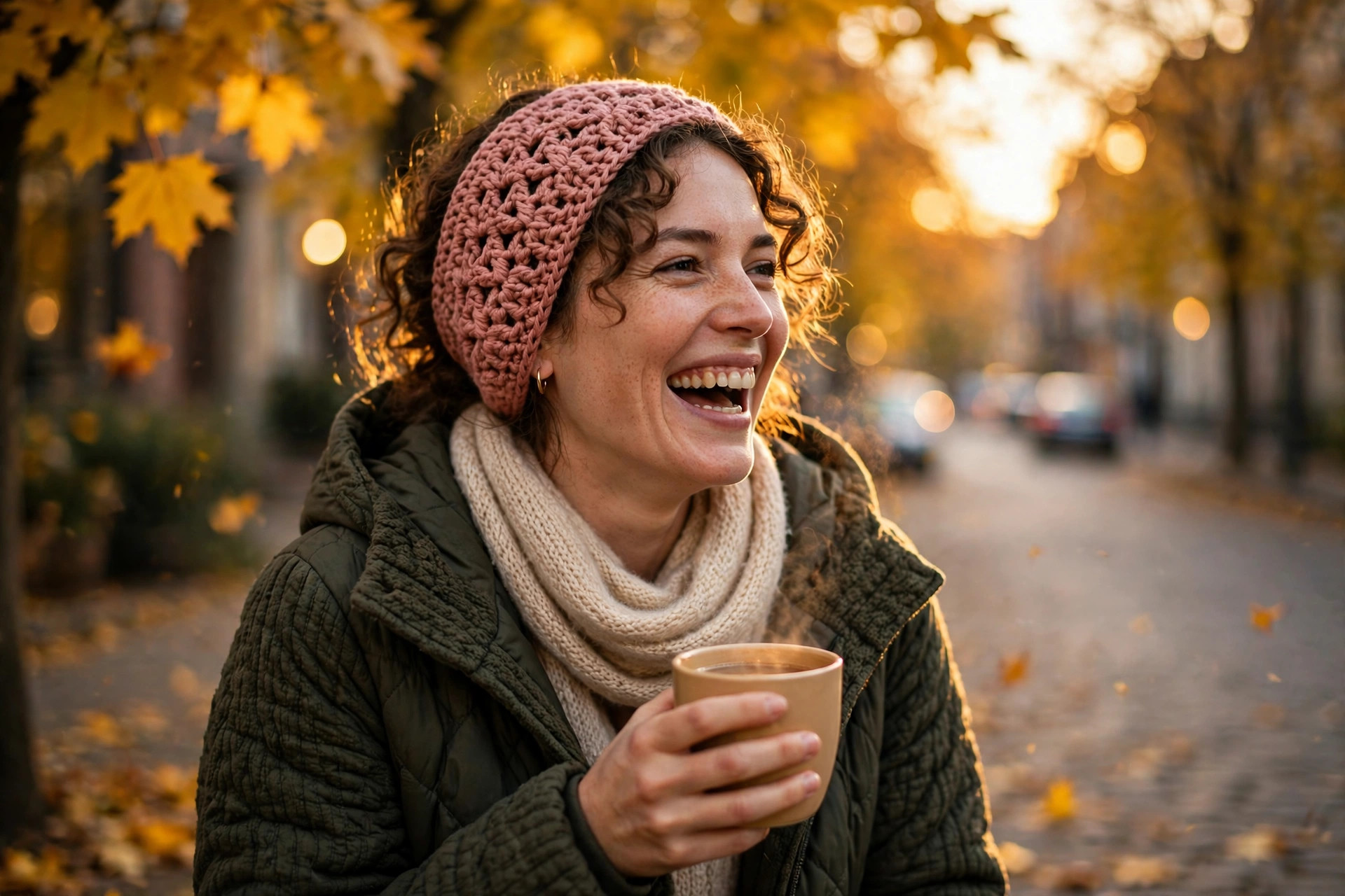 Woman in a winter coat wearing a dusty rose crocheted ear warmer, holding a coffee cup on an autumn street, easy crochet ear warmer pattern free