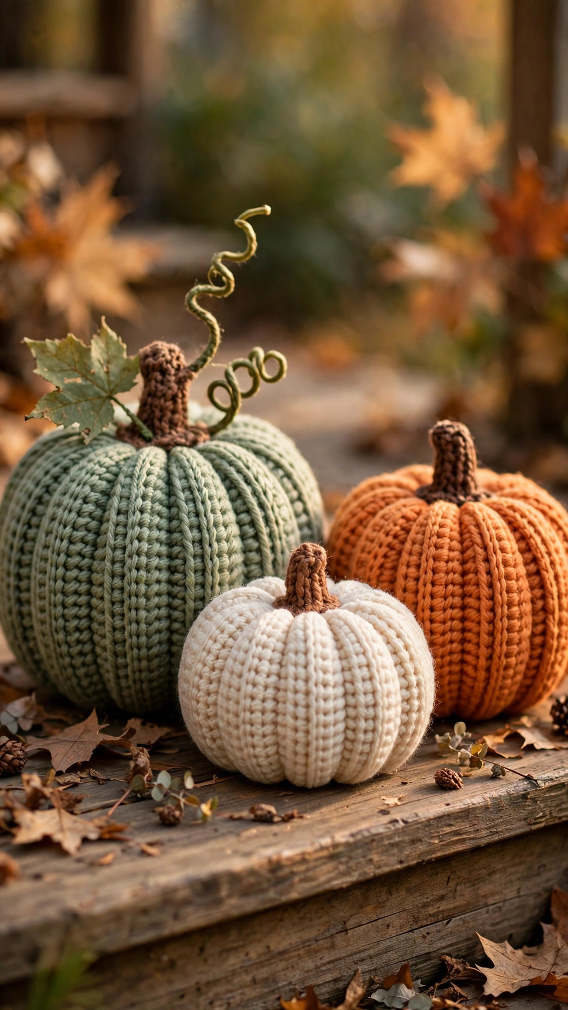 Easy crochet pumpkin pattern — trio of ribbed crochet pumpkins in orange, cream and sage green with brown stems on a wooden porch step
