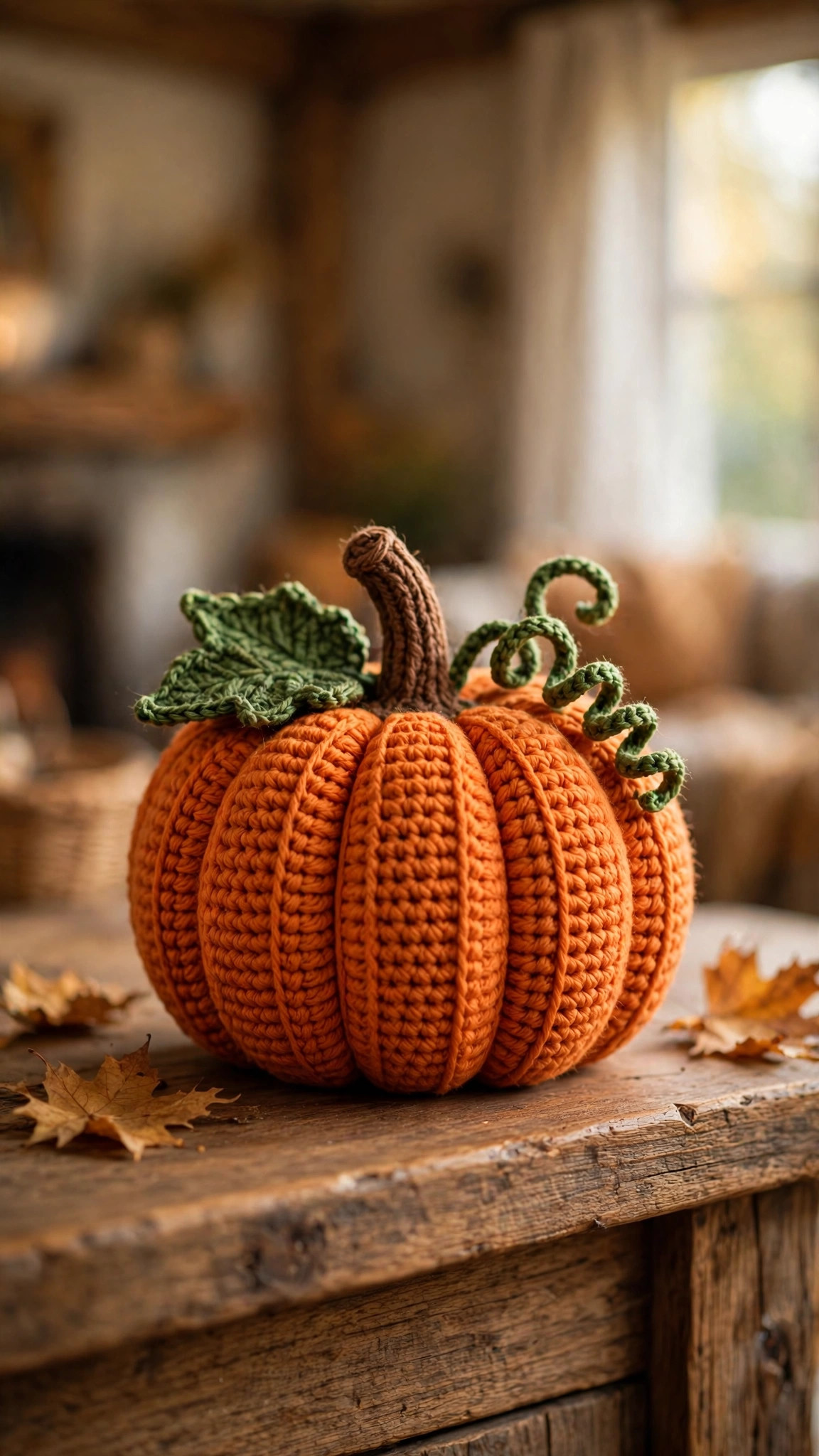 Single orange ribbed crochet pumpkin with a brown stem, green leaf and curly vine on a wooden mantel