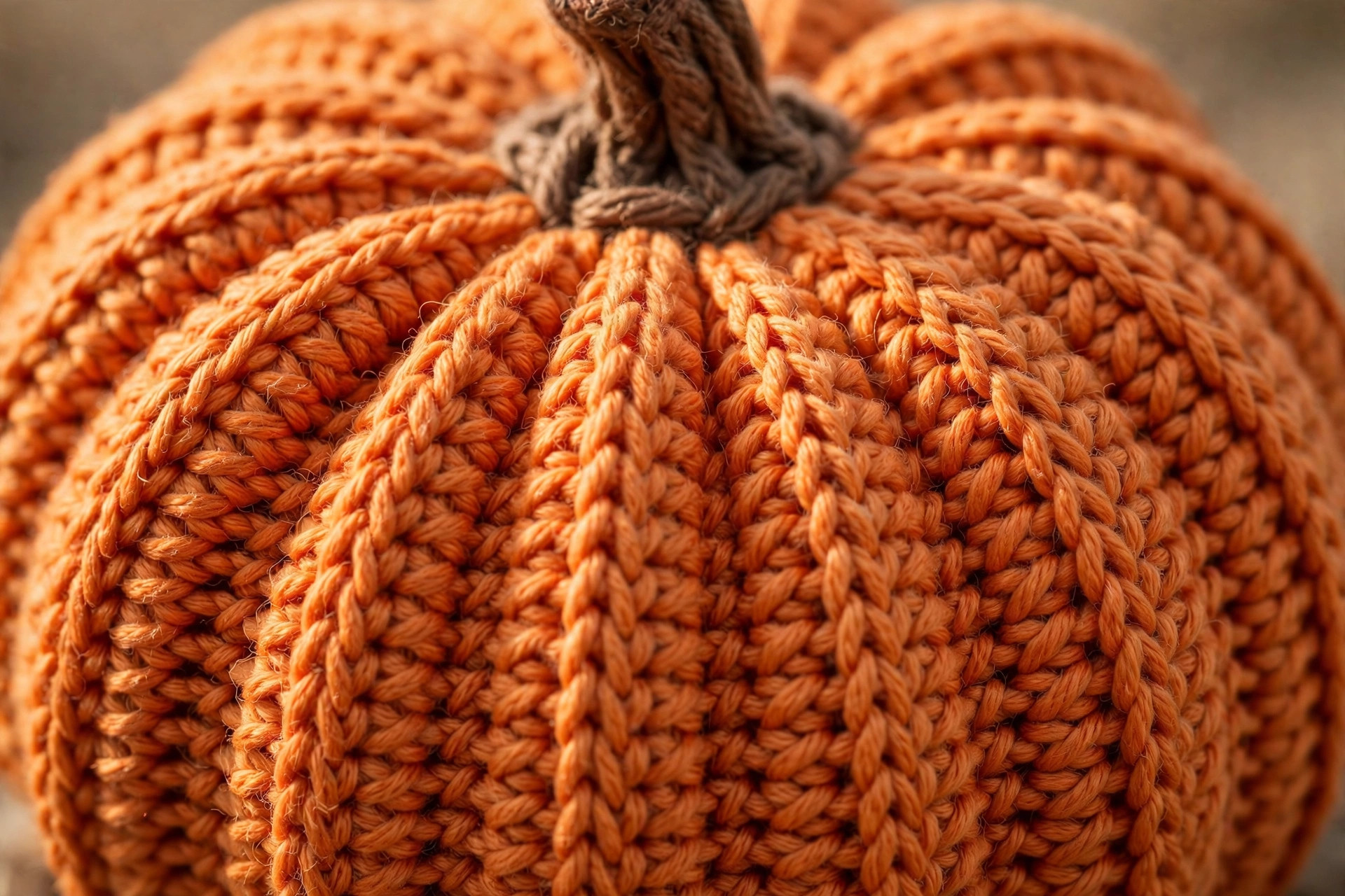 Close-up of ribbed back-loop-only half double crochet texture on an orange crochet pumpkin with a brown yarn-wrapped stem