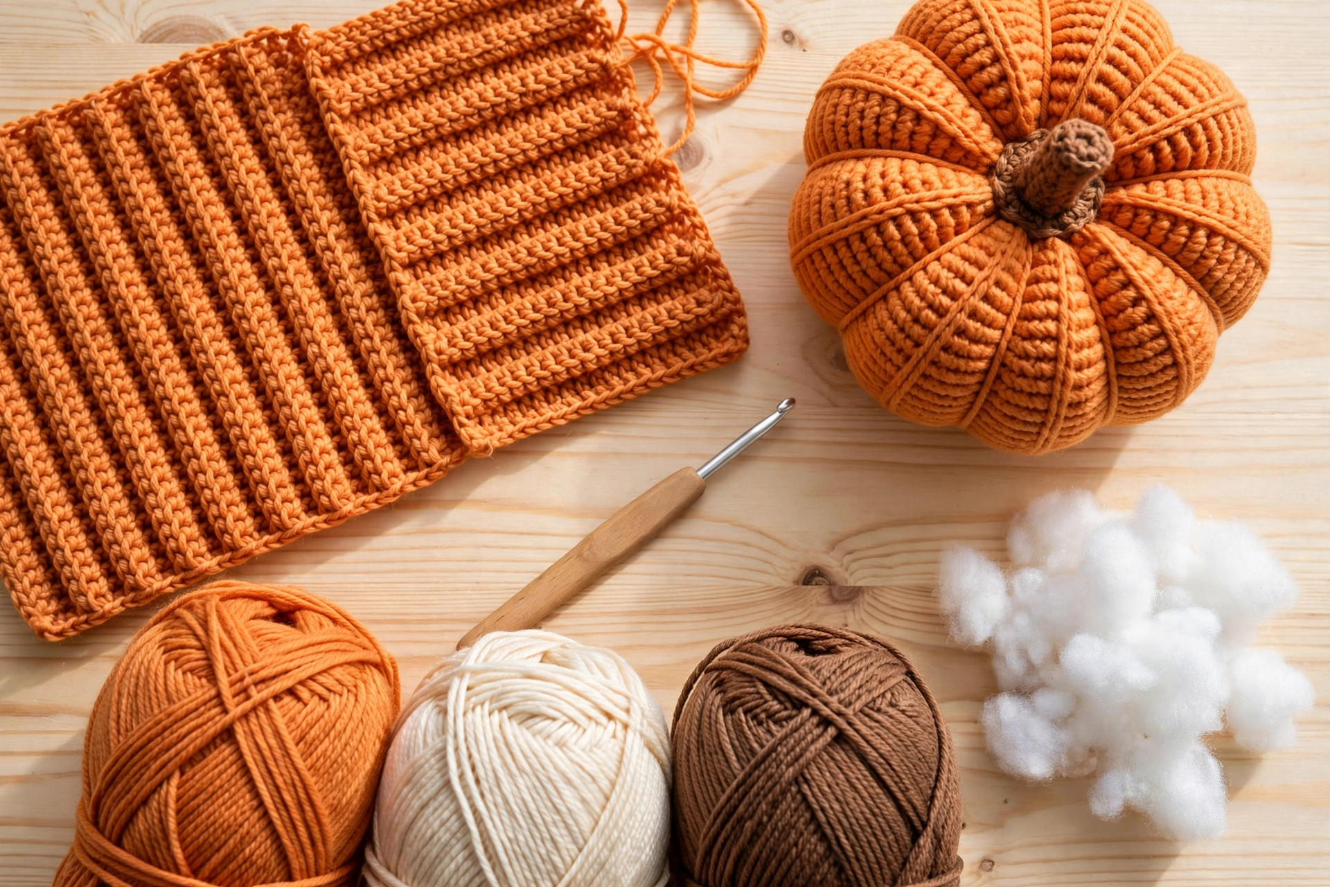 Overhead flat lay of a finished ribbed crochet pumpkin beside a ribbed panel in progress, balls of orange, cream and brown yarn, a crochet hook and stuffing