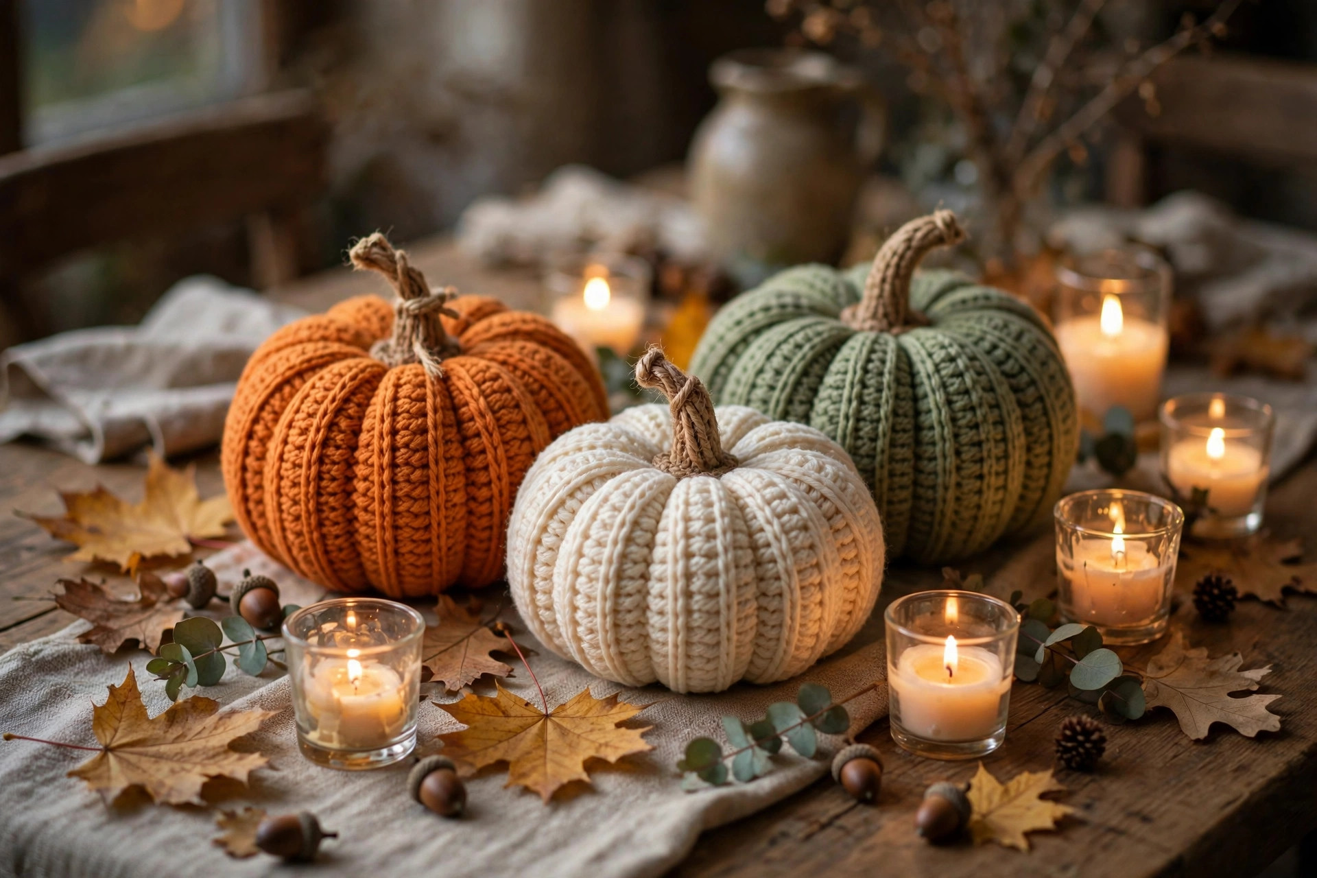 Crochet pumpkins in orange, cream and sage styled as a table centrepiece with autumn leaves and warm candles