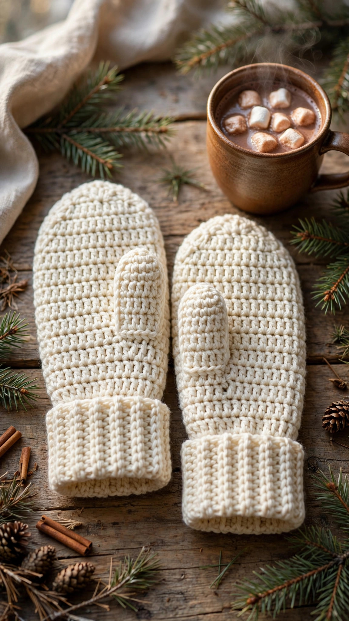 Easy mitten crochet pattern pair in cream yarn with ribbed cuffs on a wooden table