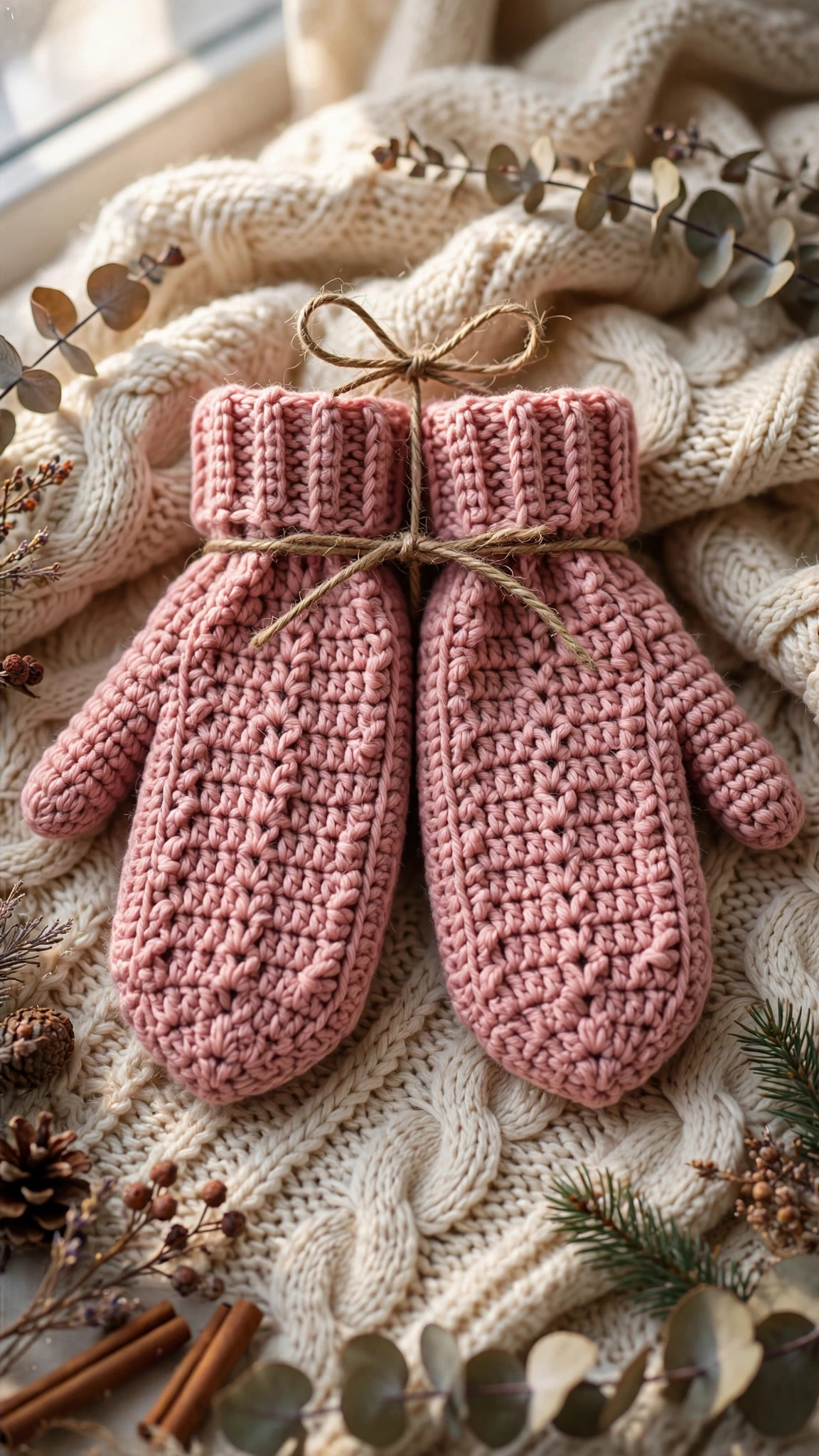Dusty rose crochet mittens tied with twine against cosy knitwear in soft window light
