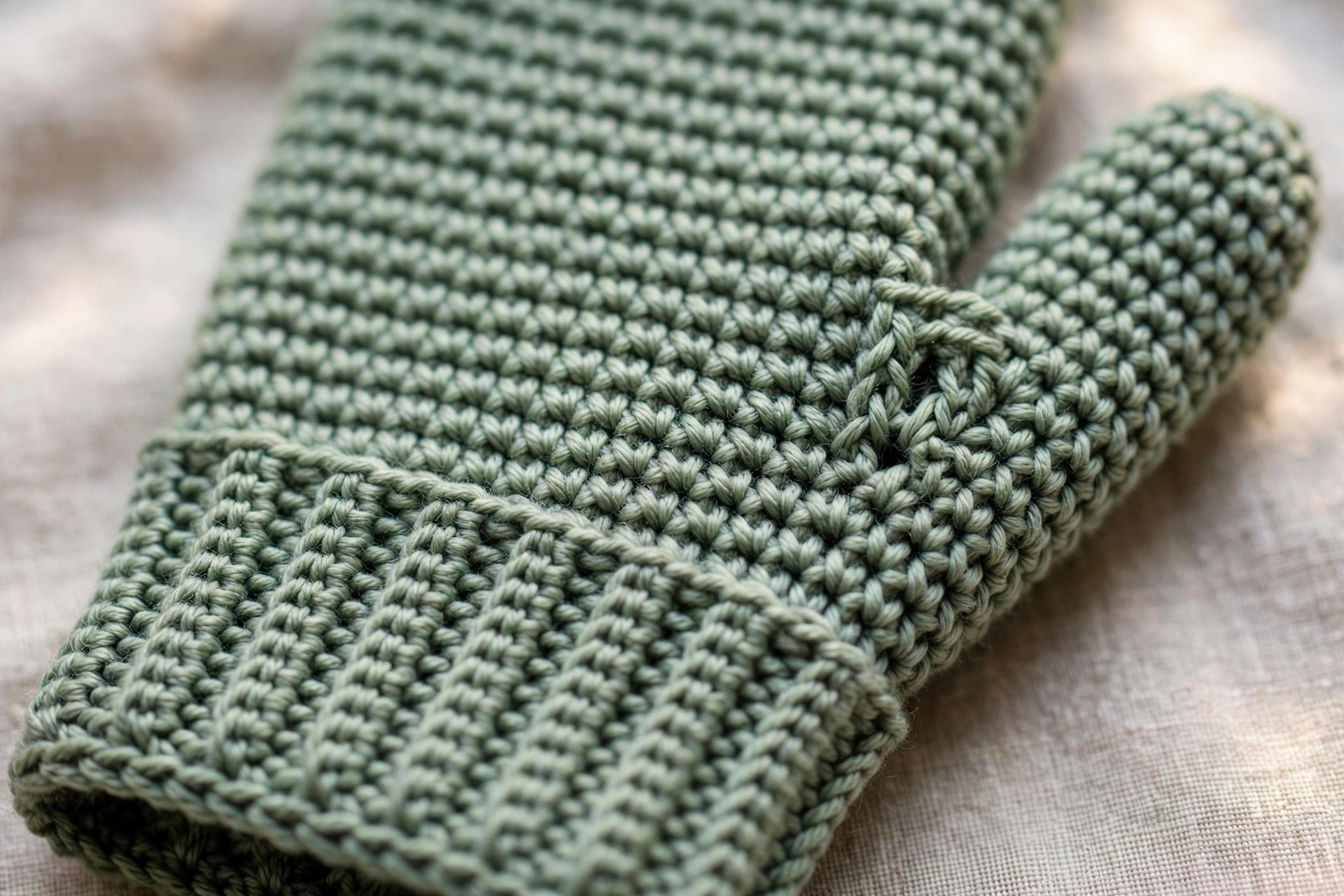 Close-up detail of a sage green crochet mitten showing ribbed cuff stitches and smooth half double crochet hand