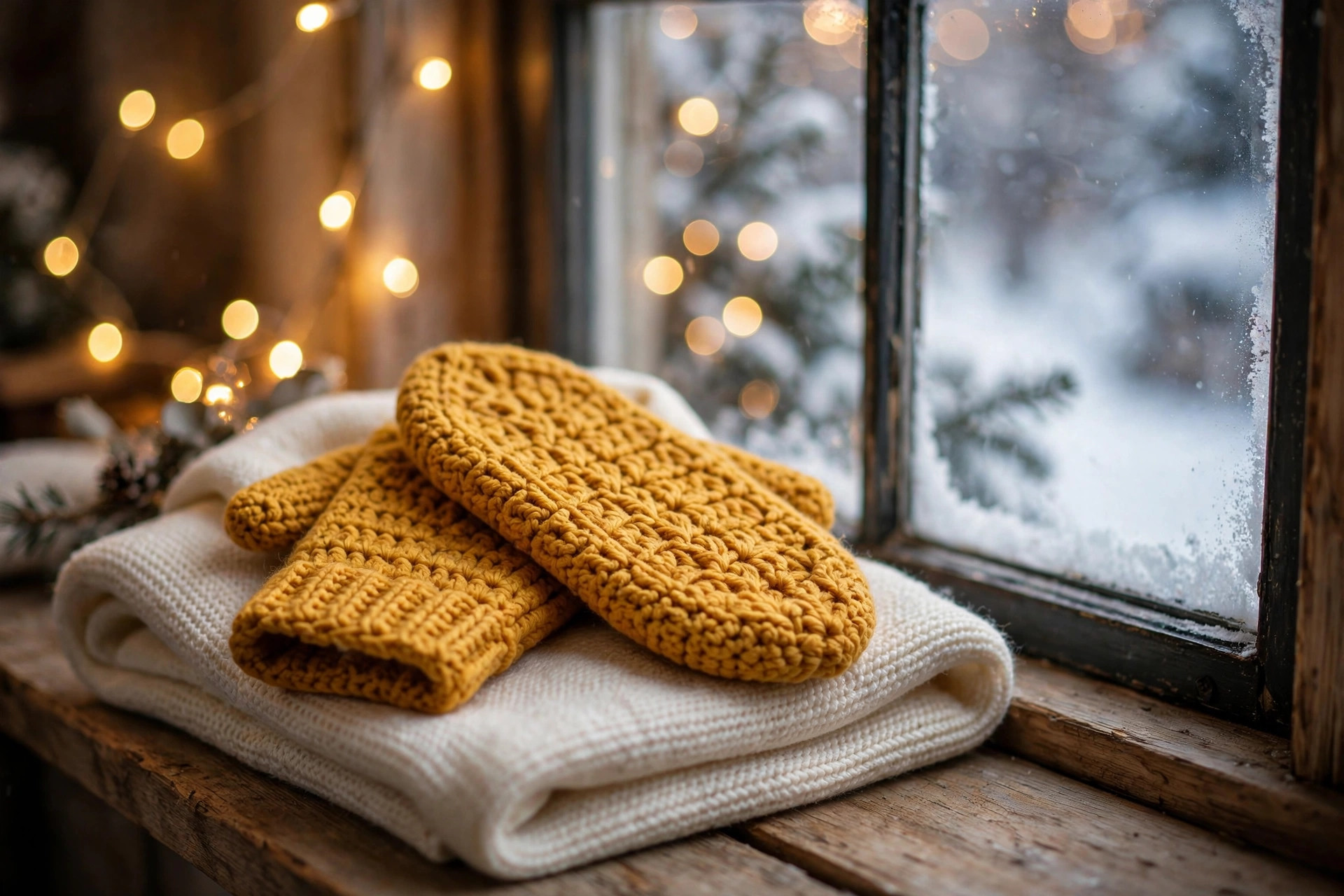 Mustard yellow crochet mittens on a folded cream scarf beside a snowy window with warm fairy lights