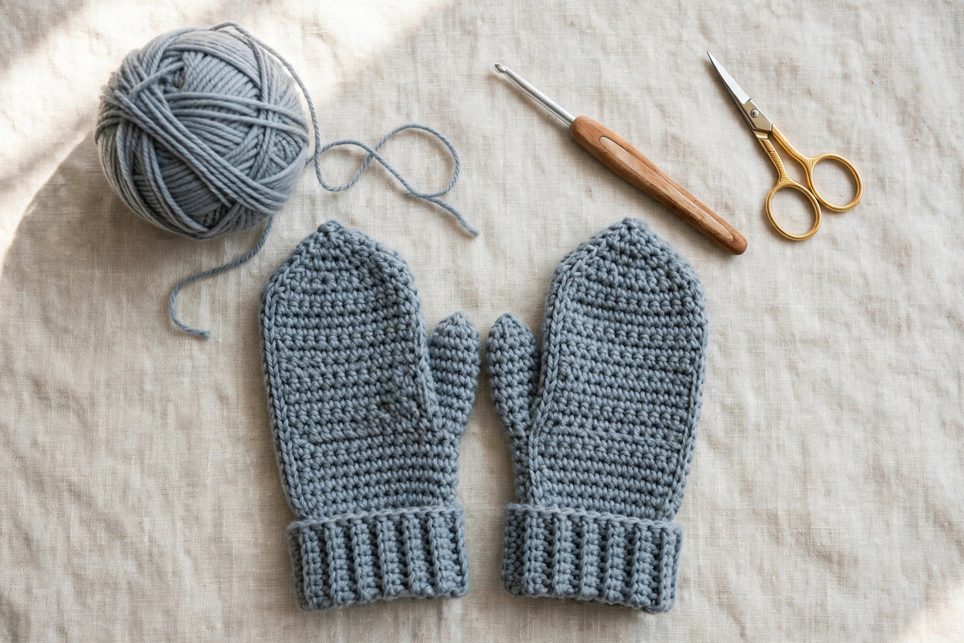 Overhead flatlay of grey-blue crochet mittens with a ball of worsted yarn, crochet hook and scissors on linen