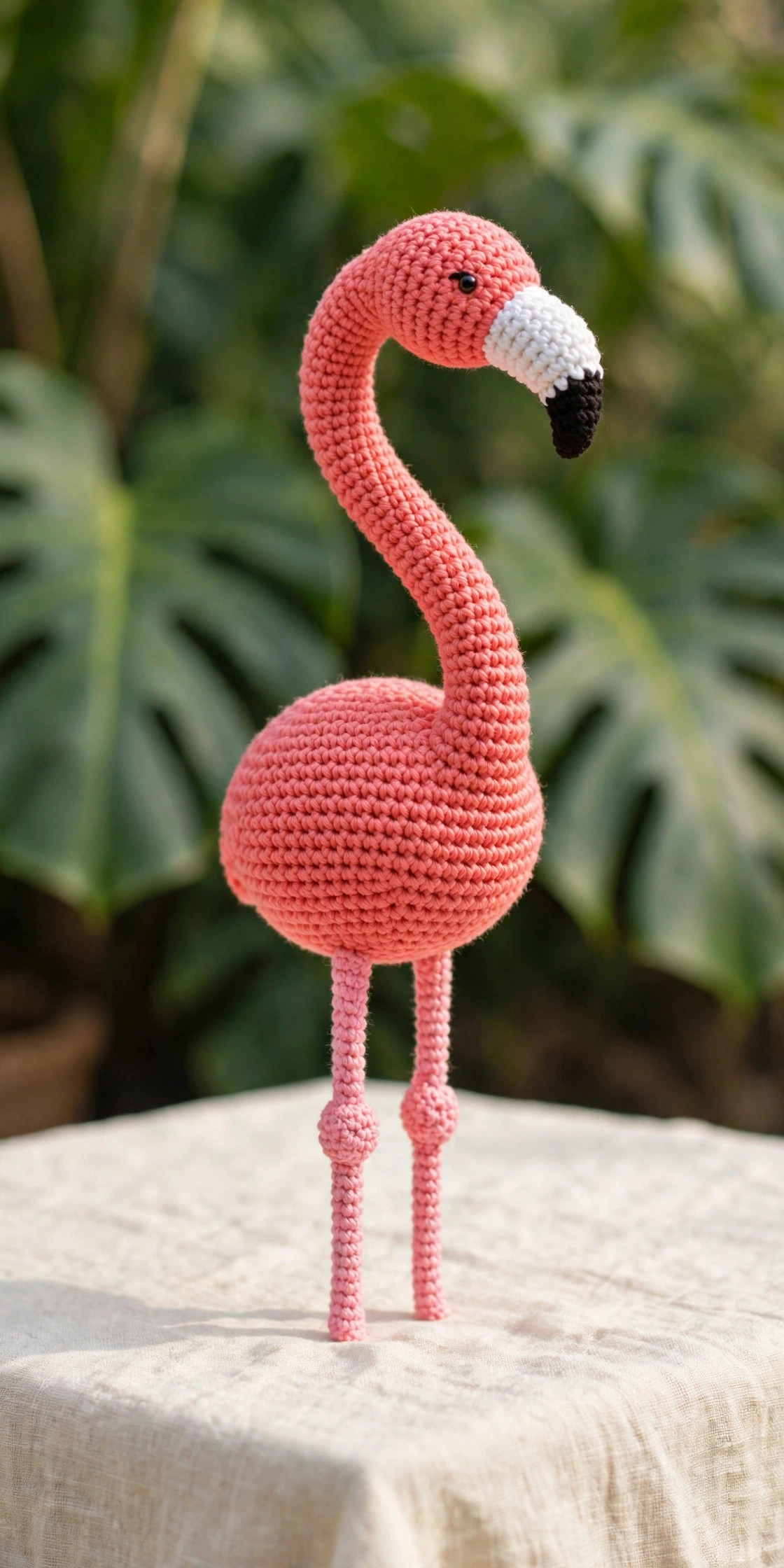 Flamingo crochet pattern — pink amigurumi flamingo standing with a long curved neck, black-tipped beak and skinny legs on a cream tablecloth