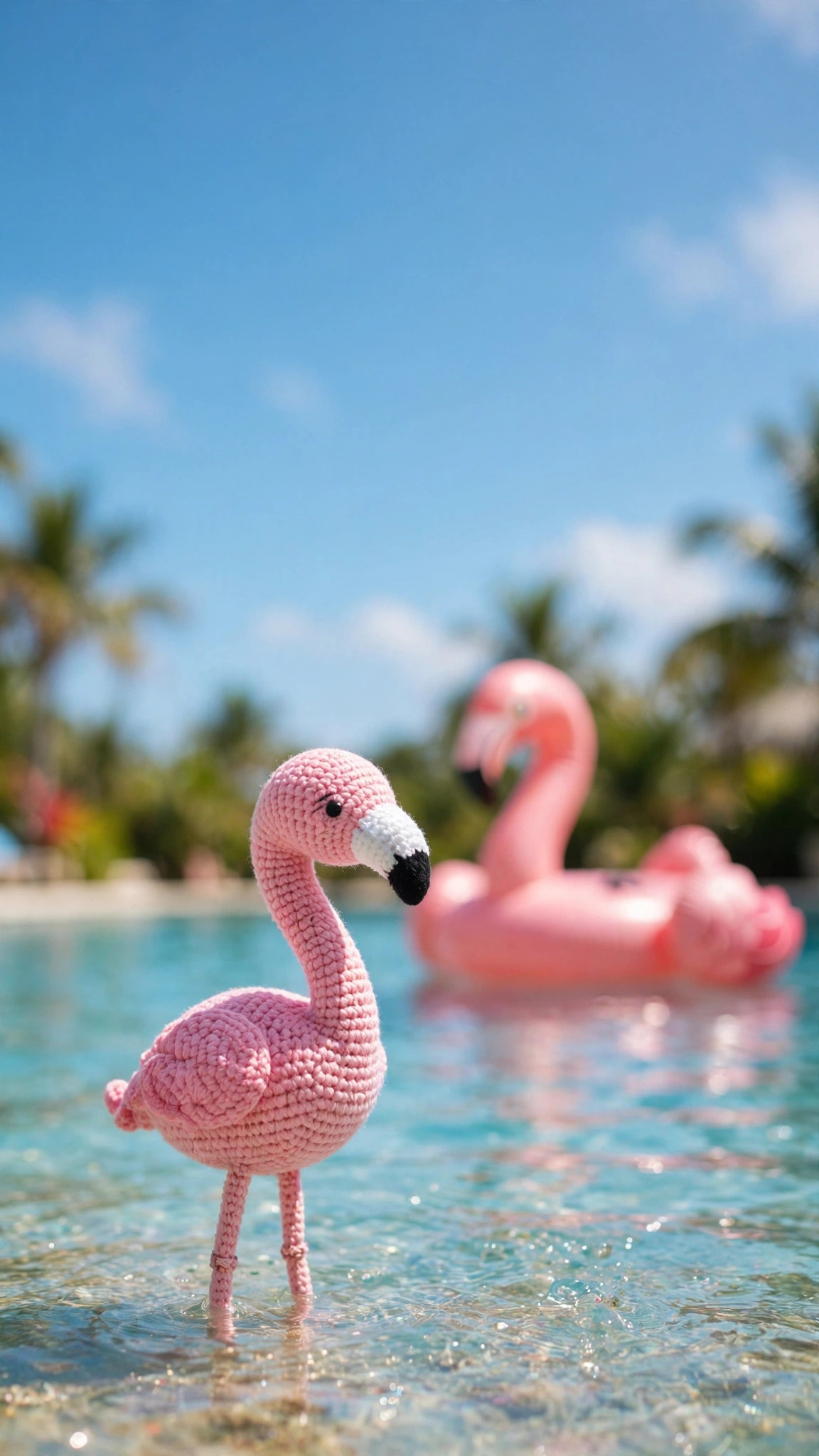 Cute pink crochet flamingo amigurumi standing tall with a long curved neck and black-tipped beak — free flamingo crochet pattern