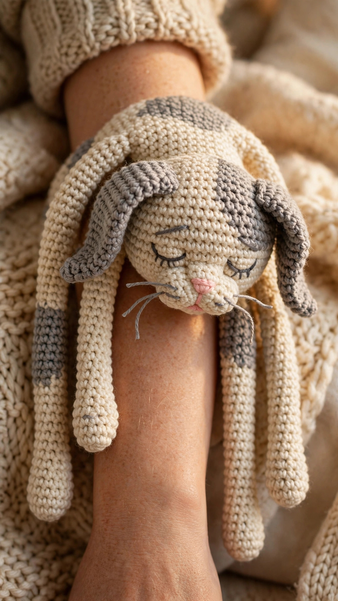 Floppy cat crochet pattern — ragdoll-style amigurumi cat in grey and cream yarn draped limply over a forearm with long dangly limbs