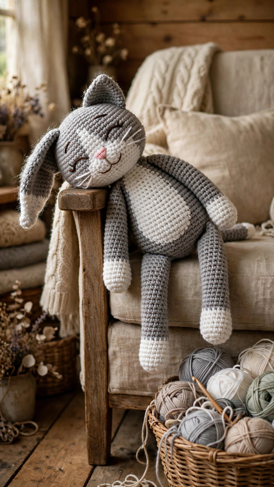 Floppy ragdoll crochet cat draped over a chair armrest with long limbs hanging down beside a basket of yarn