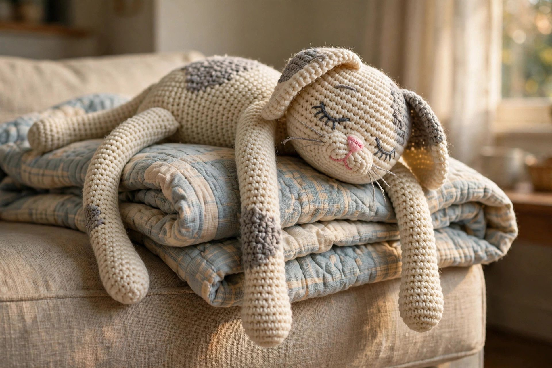 Handmade crochet floppy ragdoll cat draped over a folded quilt on a sofa with long limbs spilling over the edge