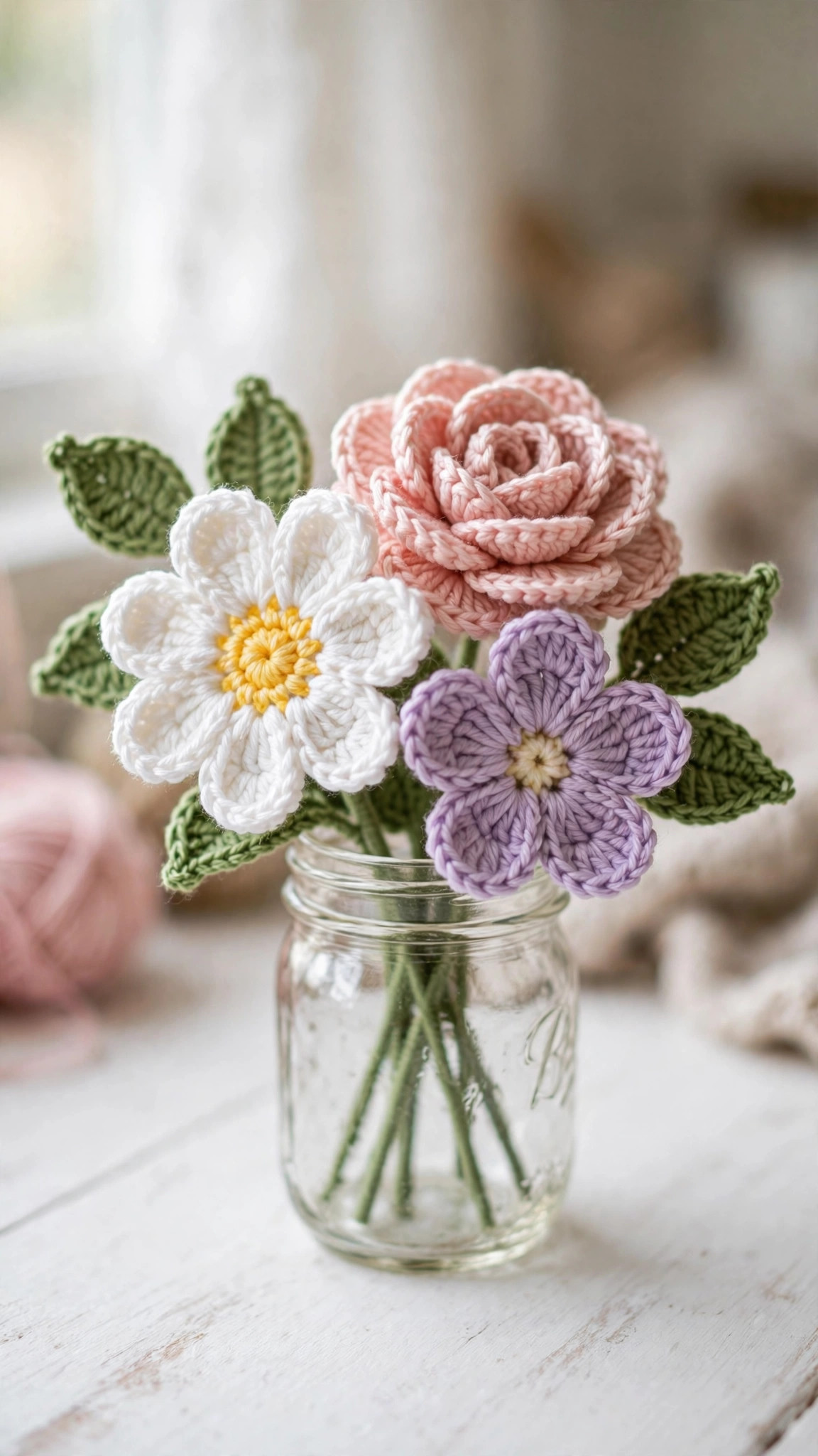Free crochet flower pattern — handmade crochet daisy, rose and blossom flowers with green leaves in a mason jar