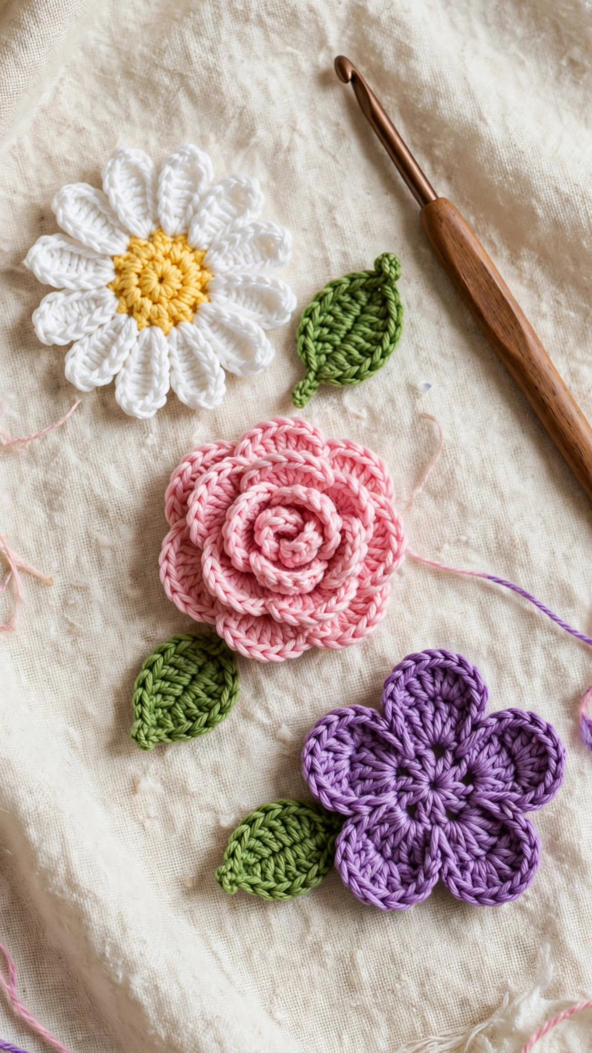 Overhead flat lay of three crochet flower motifs — white daisy, pink rose and purple blossom — with a crochet hook