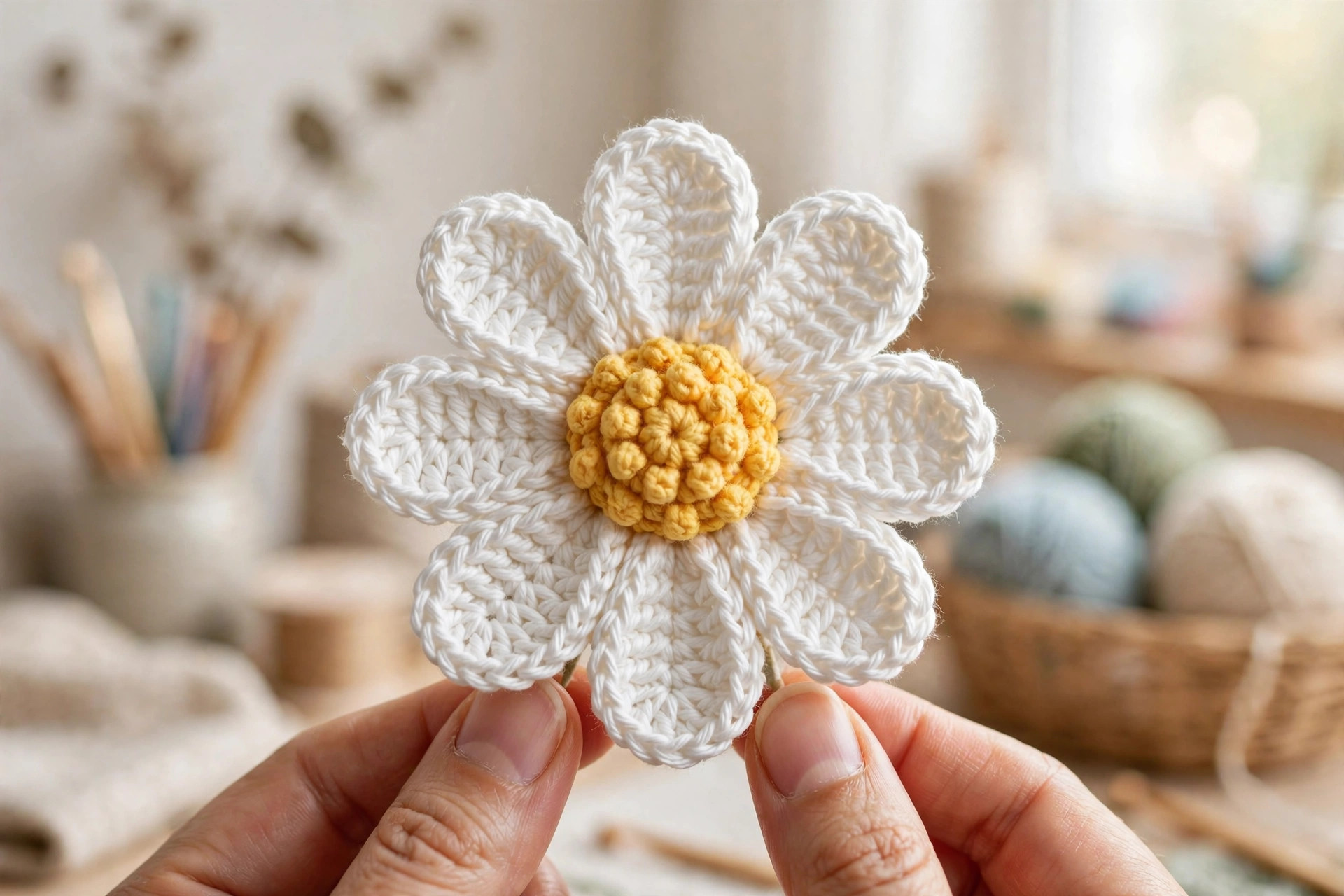 Close-up of a white crochet daisy with a yellow bobble center held in a hand, showing stitch detail