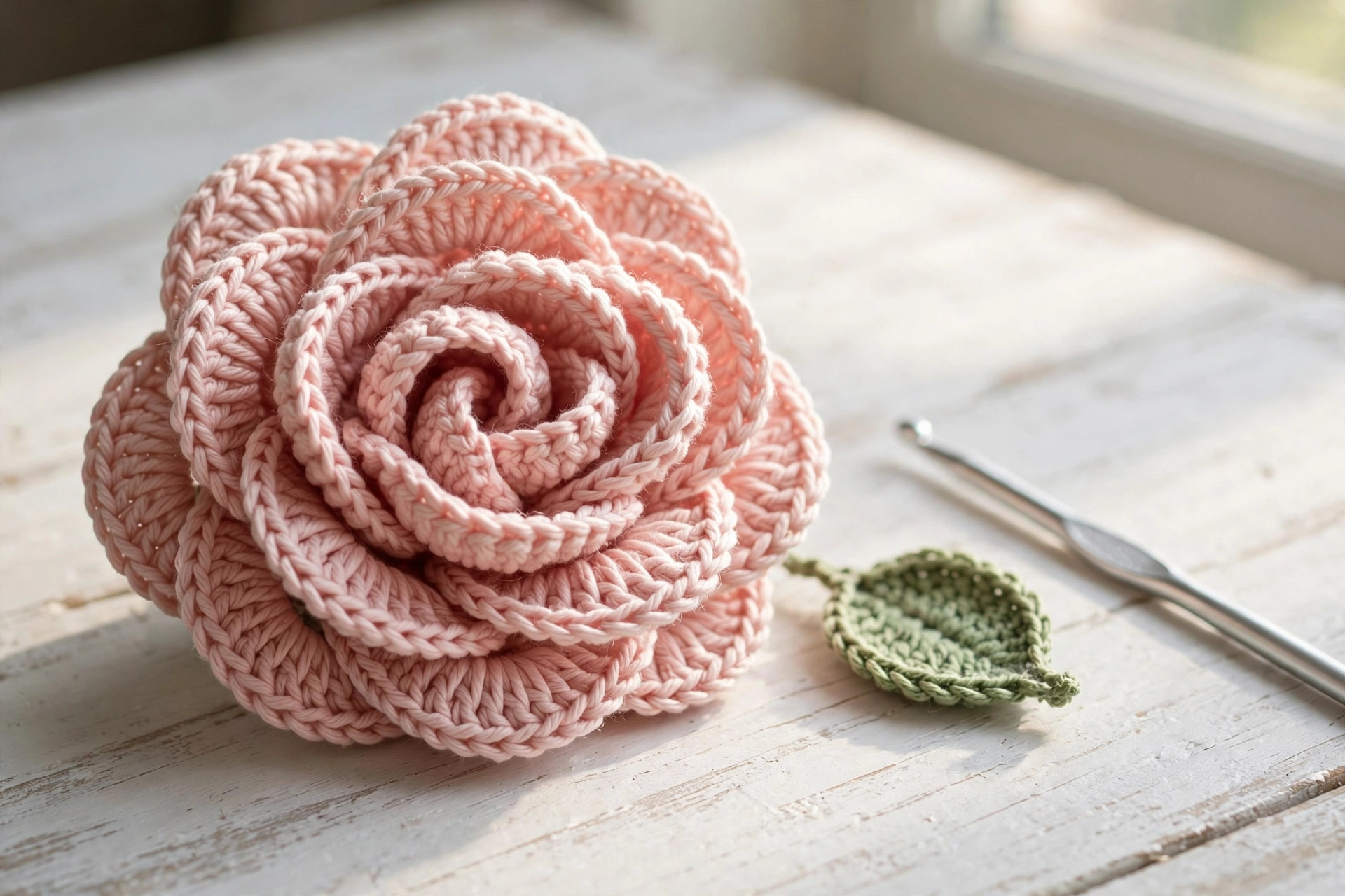 Close-up of a blush pink layered crochet rose with a green leaf and crochet hook on a wooden table
