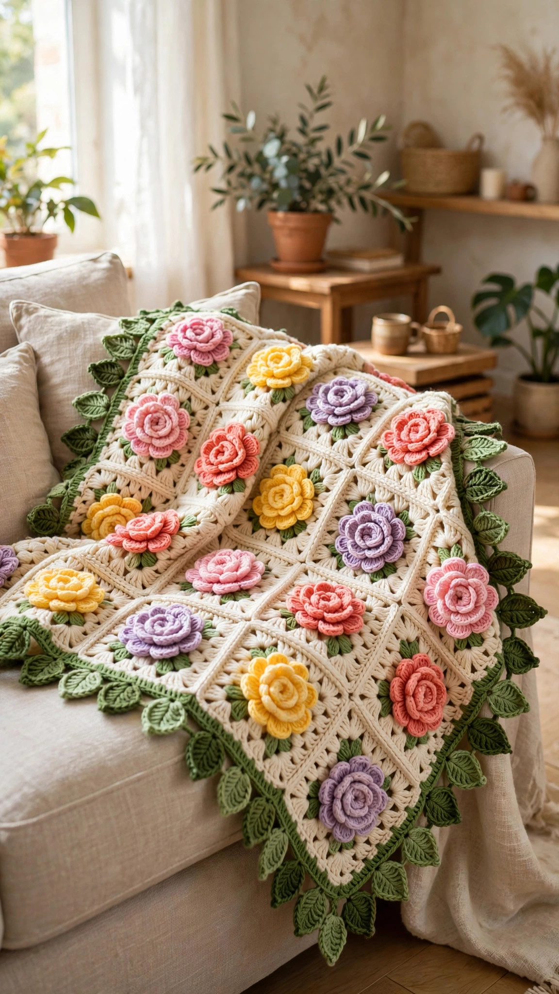 Flower bouquet blanket crochet pattern draped over a sofa, cream granny squares with raised 3D crochet flowers and a leafy green border