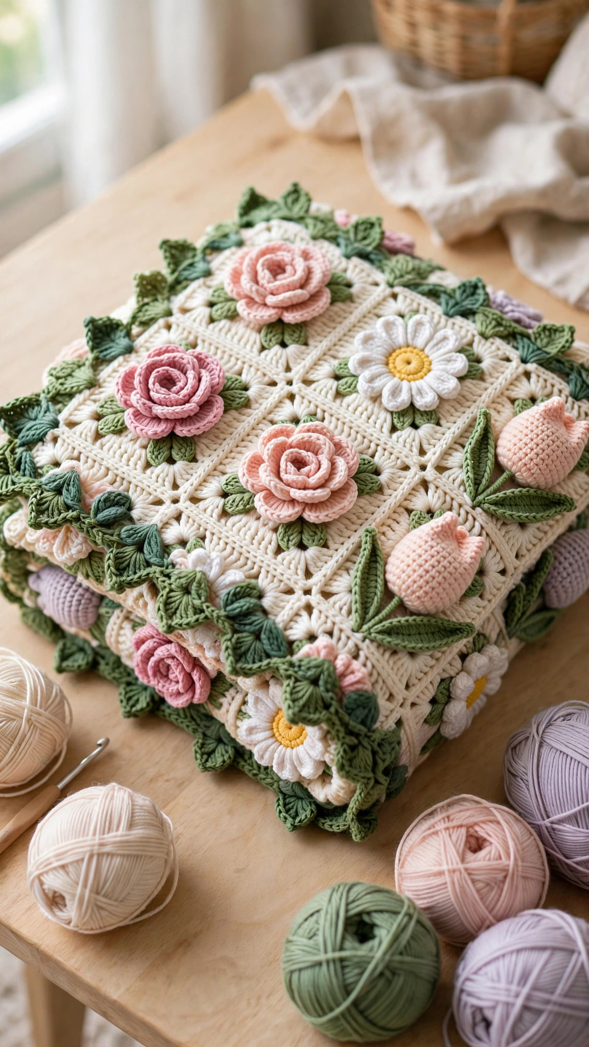 Folded flower bouquet blanket crochet pattern showing cream squares with colourful raised crochet roses, daisies and tulips