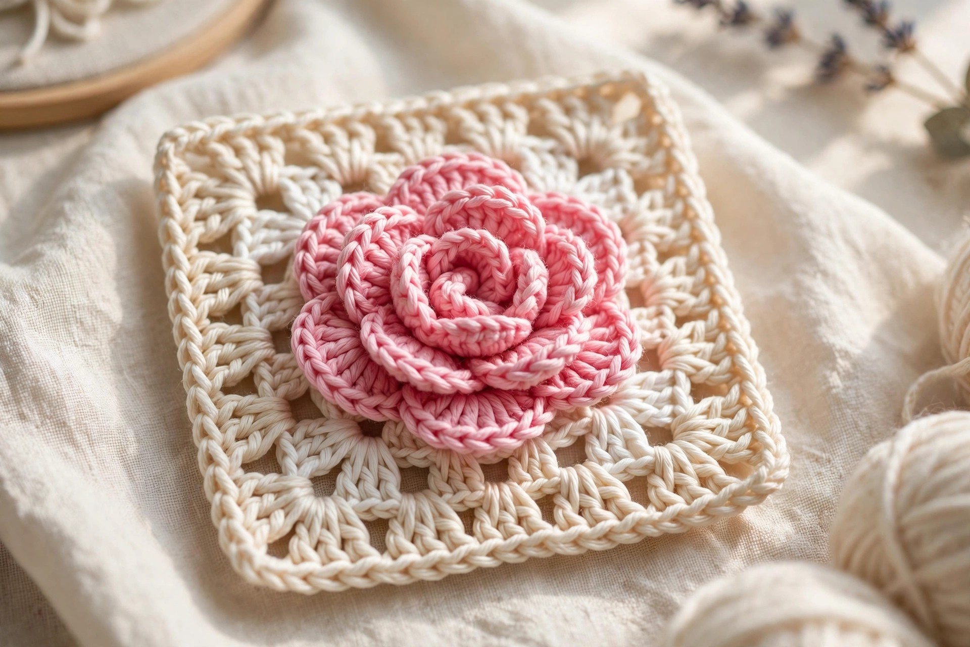 Close-up detail of a single square from the flower bouquet blanket crochet pattern with a raised pink crochet rose on a cream background