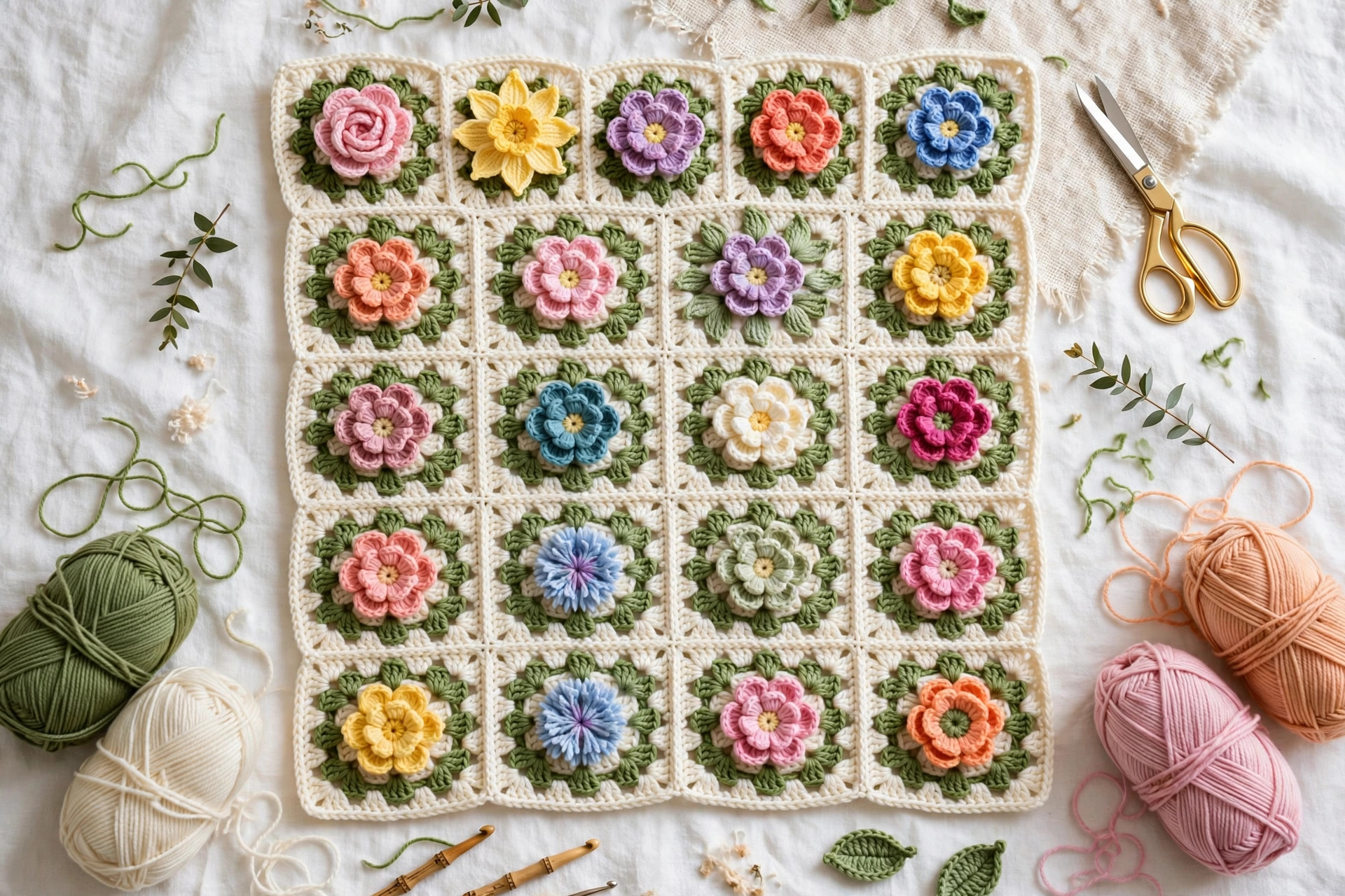Flat lay of the finished flower bouquet blanket crochet pattern showing the full grid of cream squares, colourful 3D flowers and leafy green border