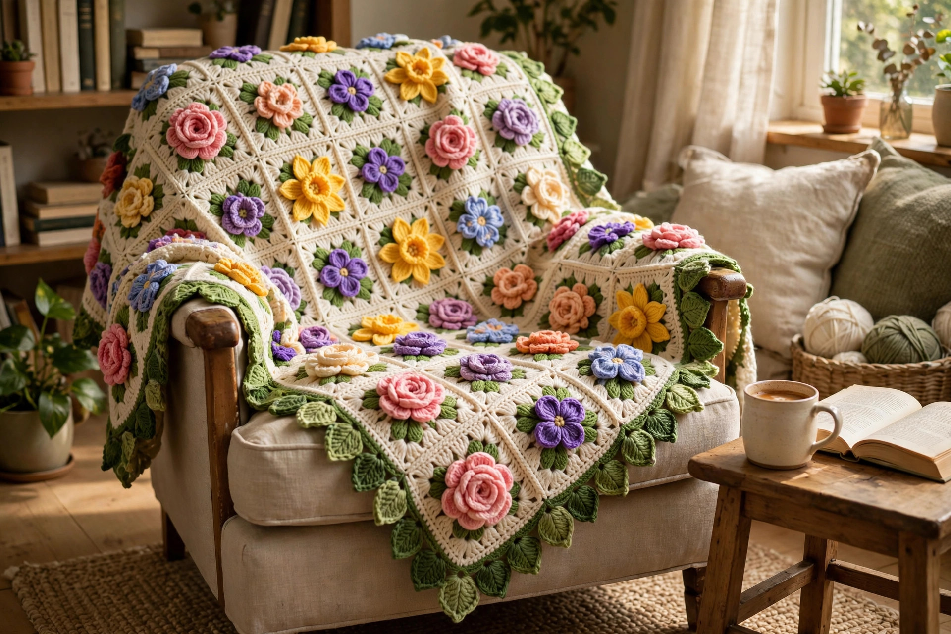 Flower bouquet blanket crochet pattern styled over an armchair in a cosy reading corner, showing the 3D flowers and green border