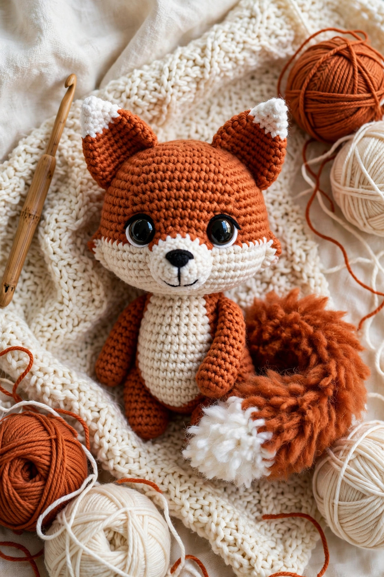 Rust-orange crochet fox amigurumi with white-tipped ears and a fluffy tail sitting on a wooden table with autumn leaves — free crochet fox pattern