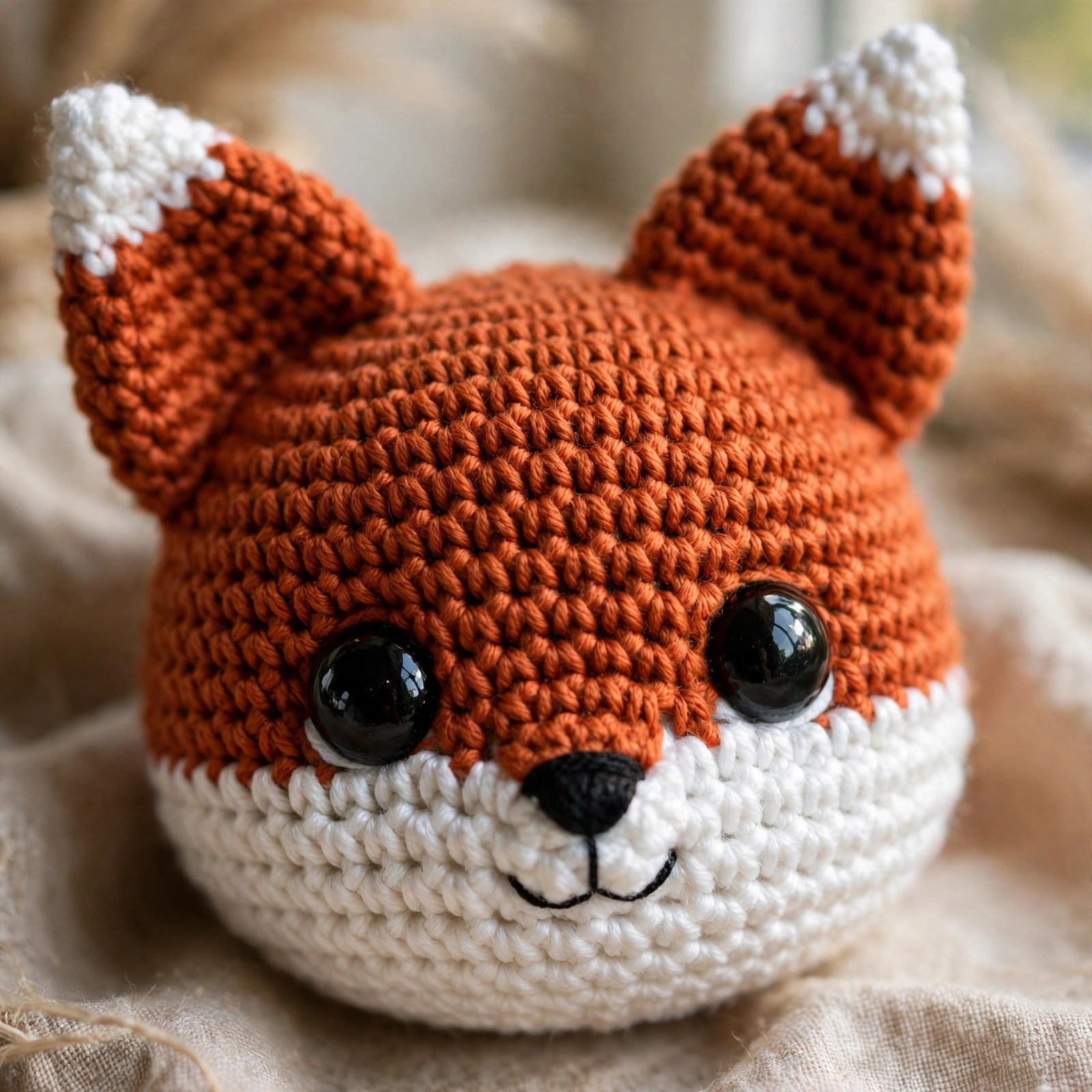 Close-up of crochet fox face with big black safety eyes, cream muzzle and embroidered black nose
