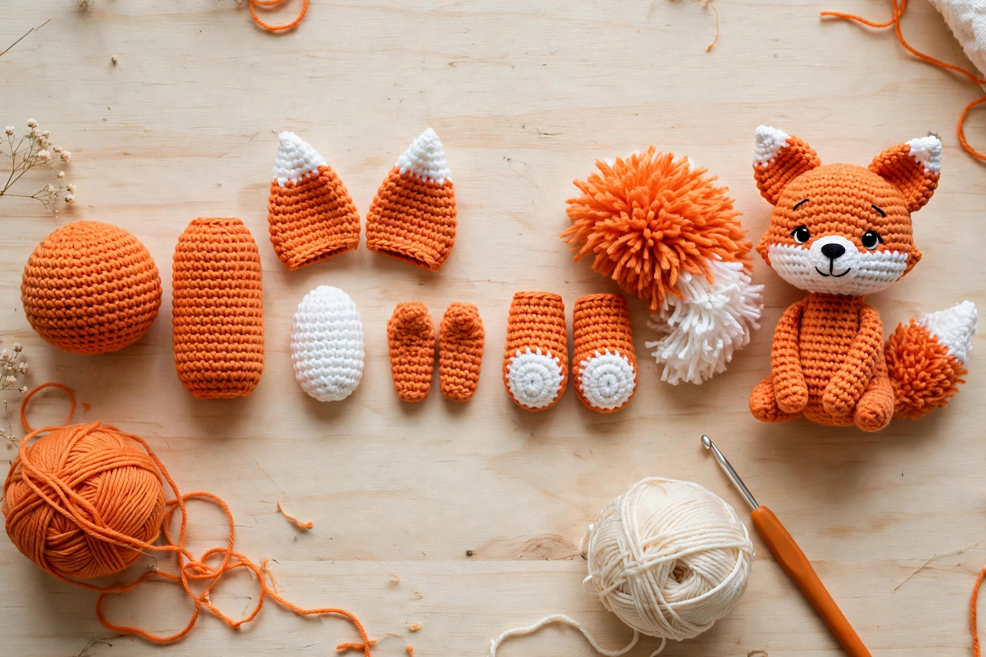 Crochet fox pattern pieces laid out in a row — head, body, ears, muzzle, belly patch, tail, paws and feet — next to the finished fox