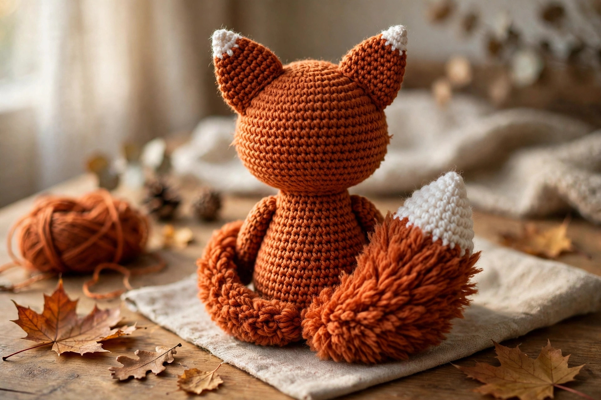Back view of finished rust-orange crochet fox amigurumi showing white-tipped ears and big fluffy tail