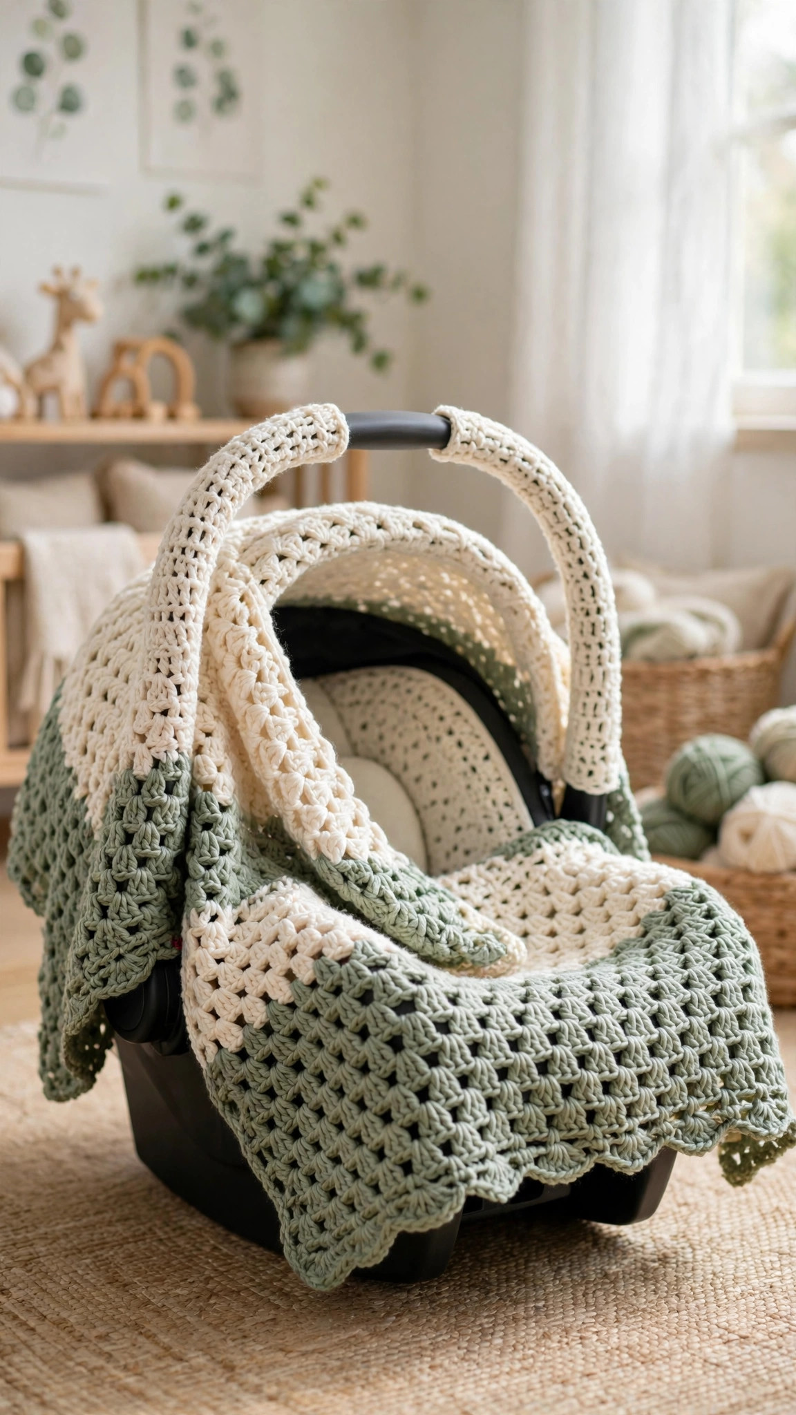 Soft cream and sage green crochet car seat cover draped over an infant carrier, handmade canopy for shade and privacy