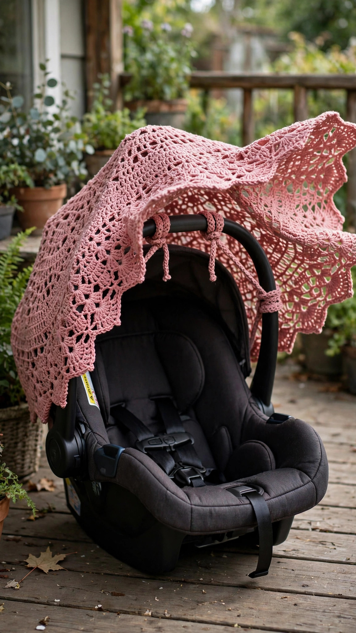 Crochet car seat canopy cover in dusty rose pink draped over an infant carrier, handmade baby shade cover
