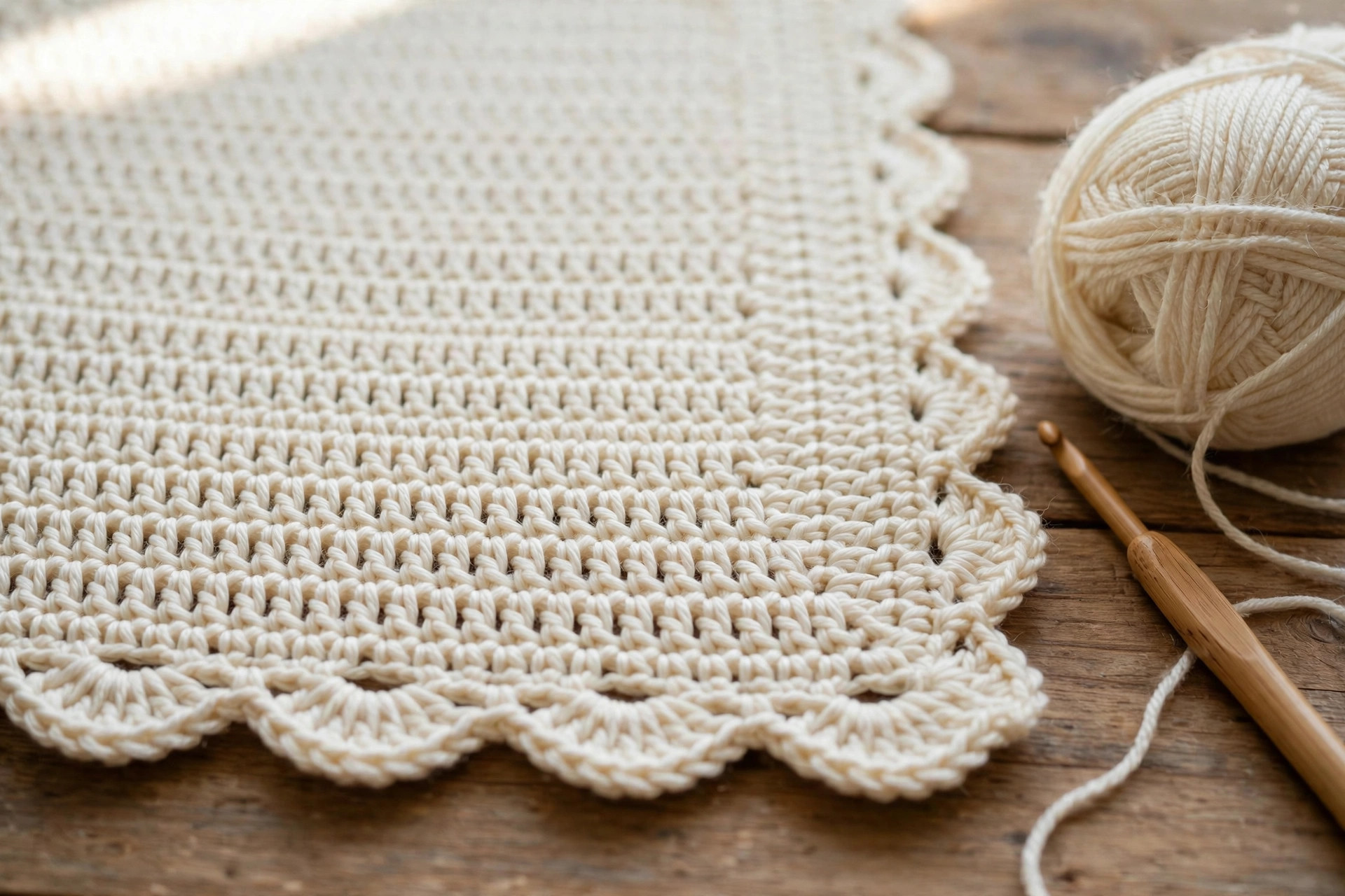 Close-up detail of crochet car seat cover fabric showing neat half double crochet texture and scalloped edging