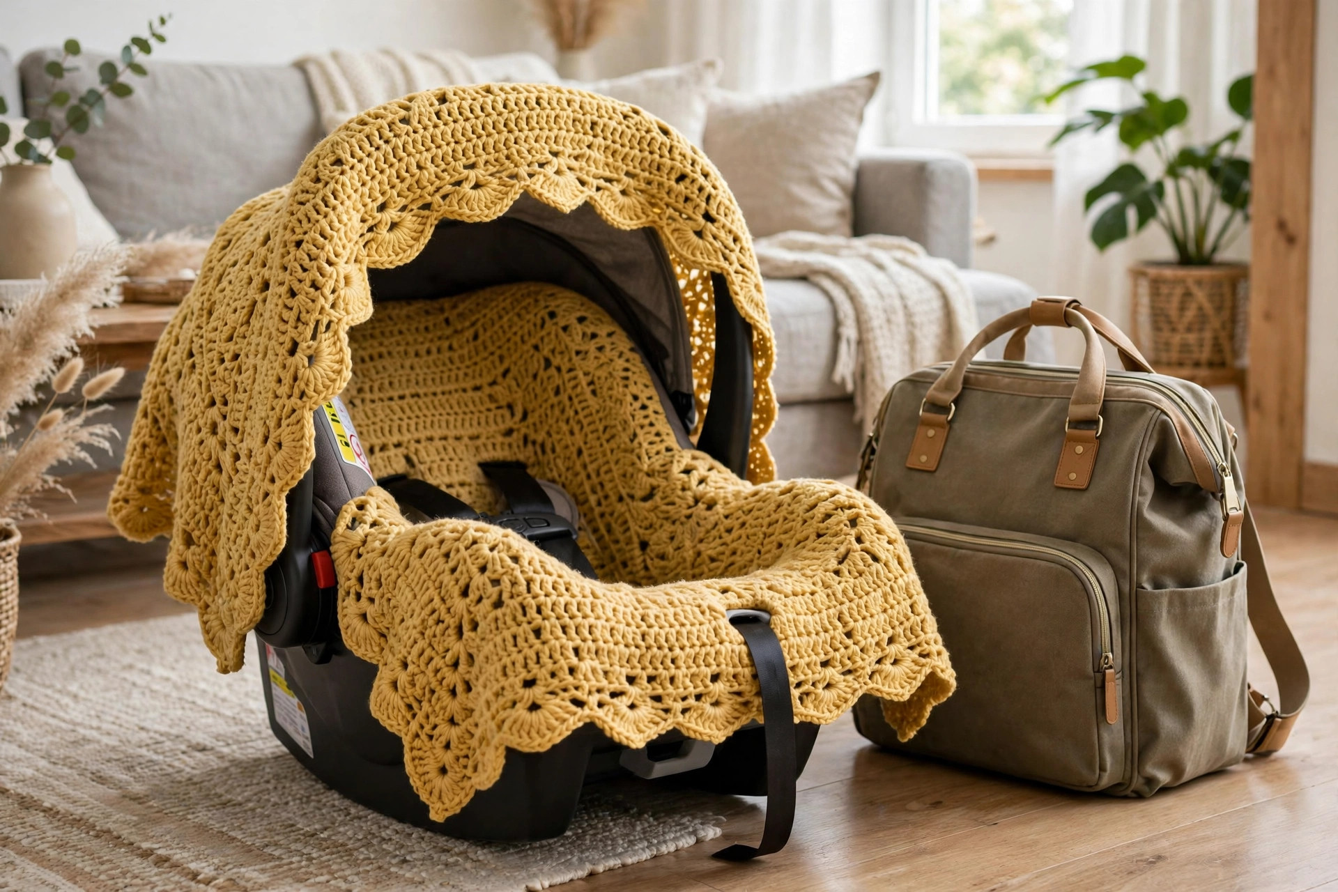 Styled photo of a handmade crochet car seat cover in mustard yellow on an infant carrier in a bright living room