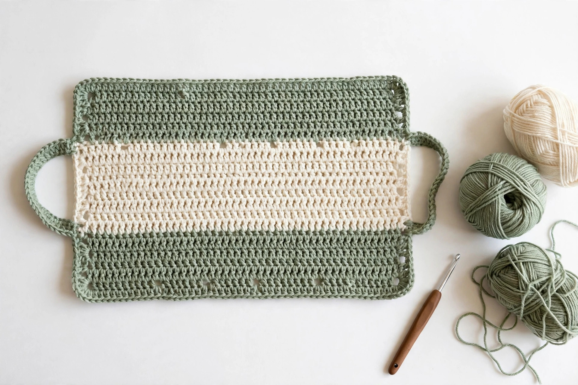 Flat lay of a finished crochet car seat cover with handle straps, yarn balls and crochet hook arranged beside it