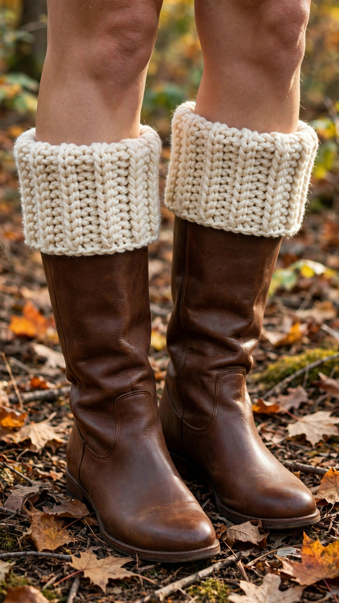 Free crochet boot cuff patterns — cream ribbed crochet boot cuffs worn over tall brown leather knee boots in autumn leaves