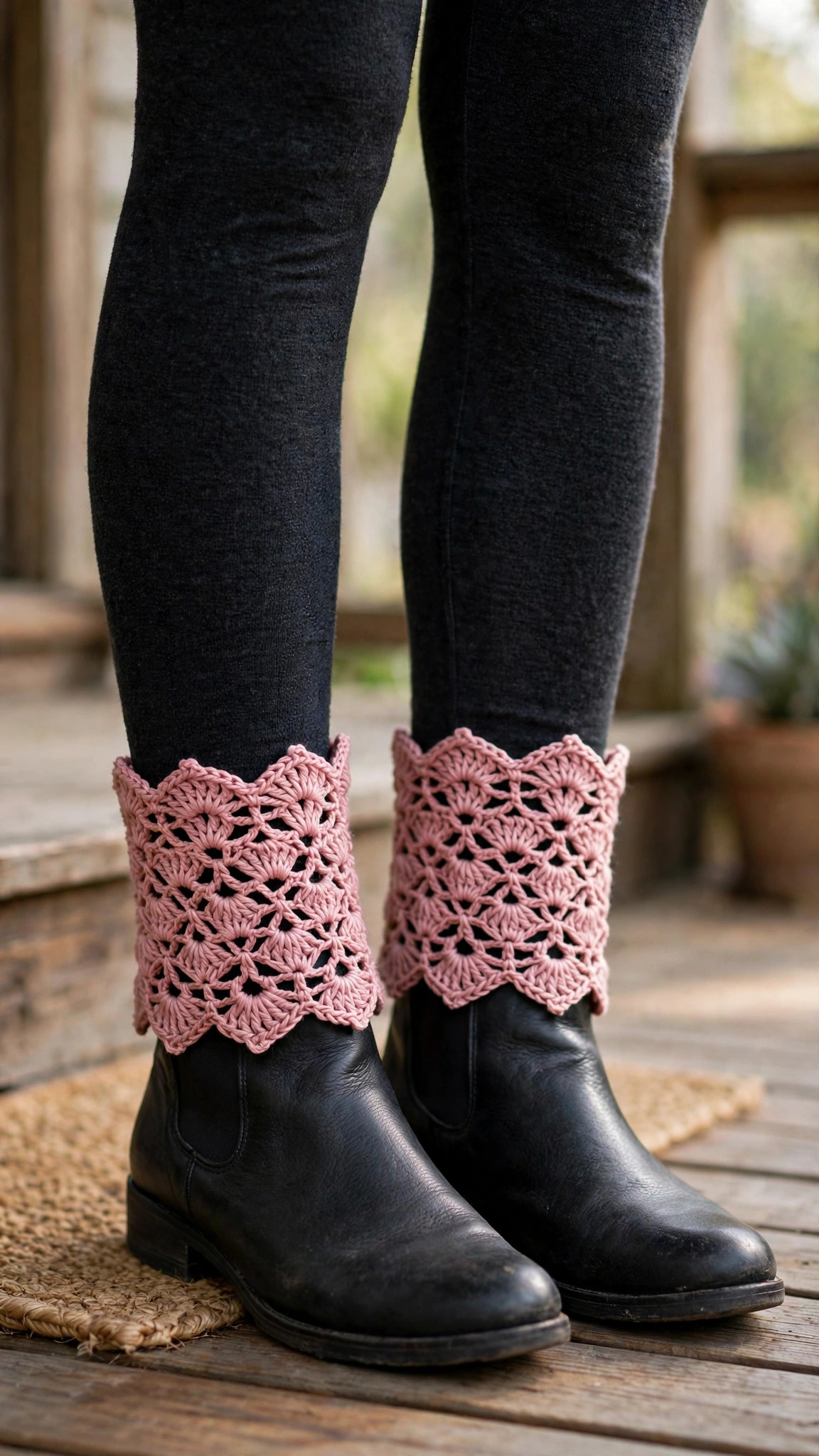 Dusty rose lacy scalloped crochet boot cuffs worn over black ankle boots on a wooden porch