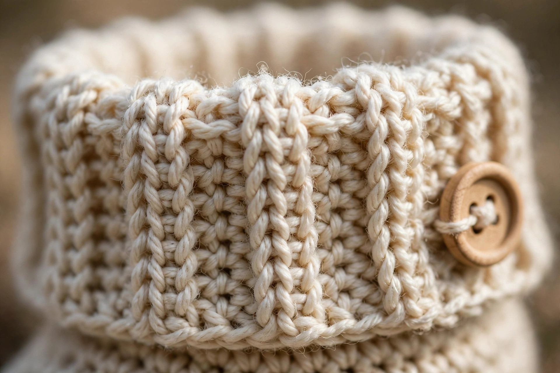 Close-up detail of cream crochet ribbing with front post and back post double crochet stitches and a wooden button