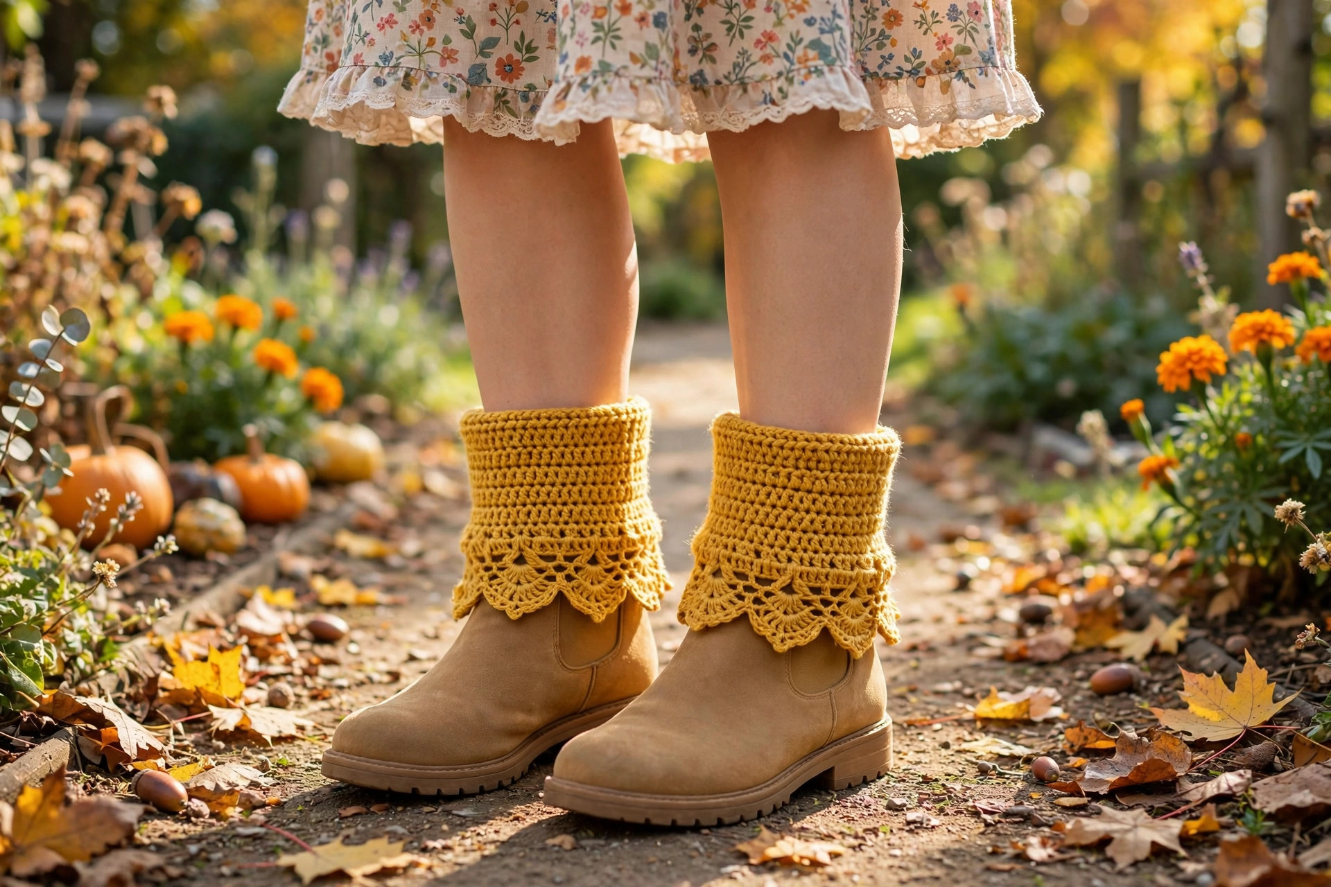Mustard yellow lacy crochet boot cuffs worn over tan ankle boots with a floral dress in a sunny garden