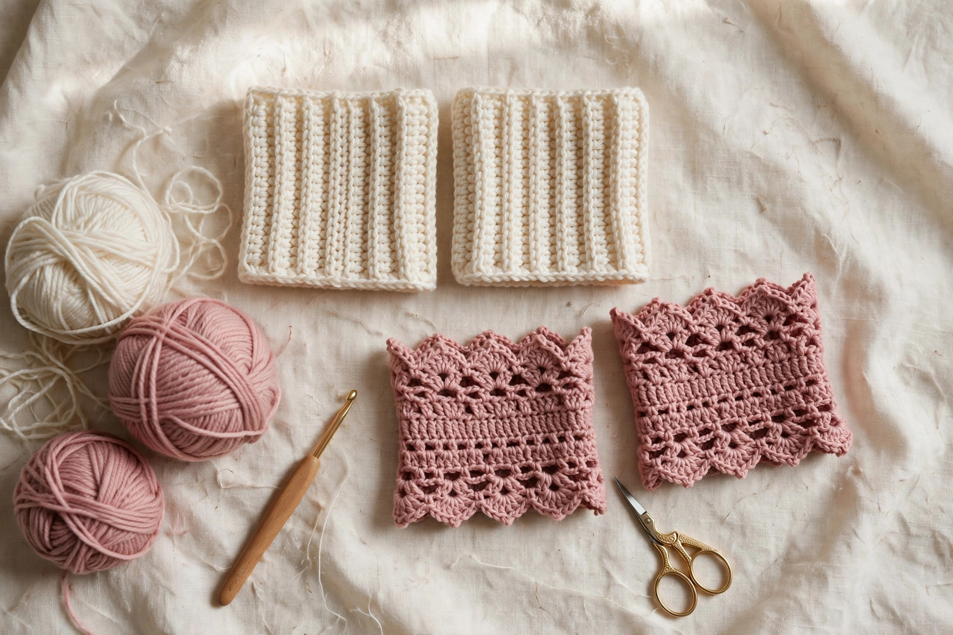 Flat lay of cream ribbed and dusty rose lacy crochet boot cuffs with yarn balls, crochet hook and scissors on linen