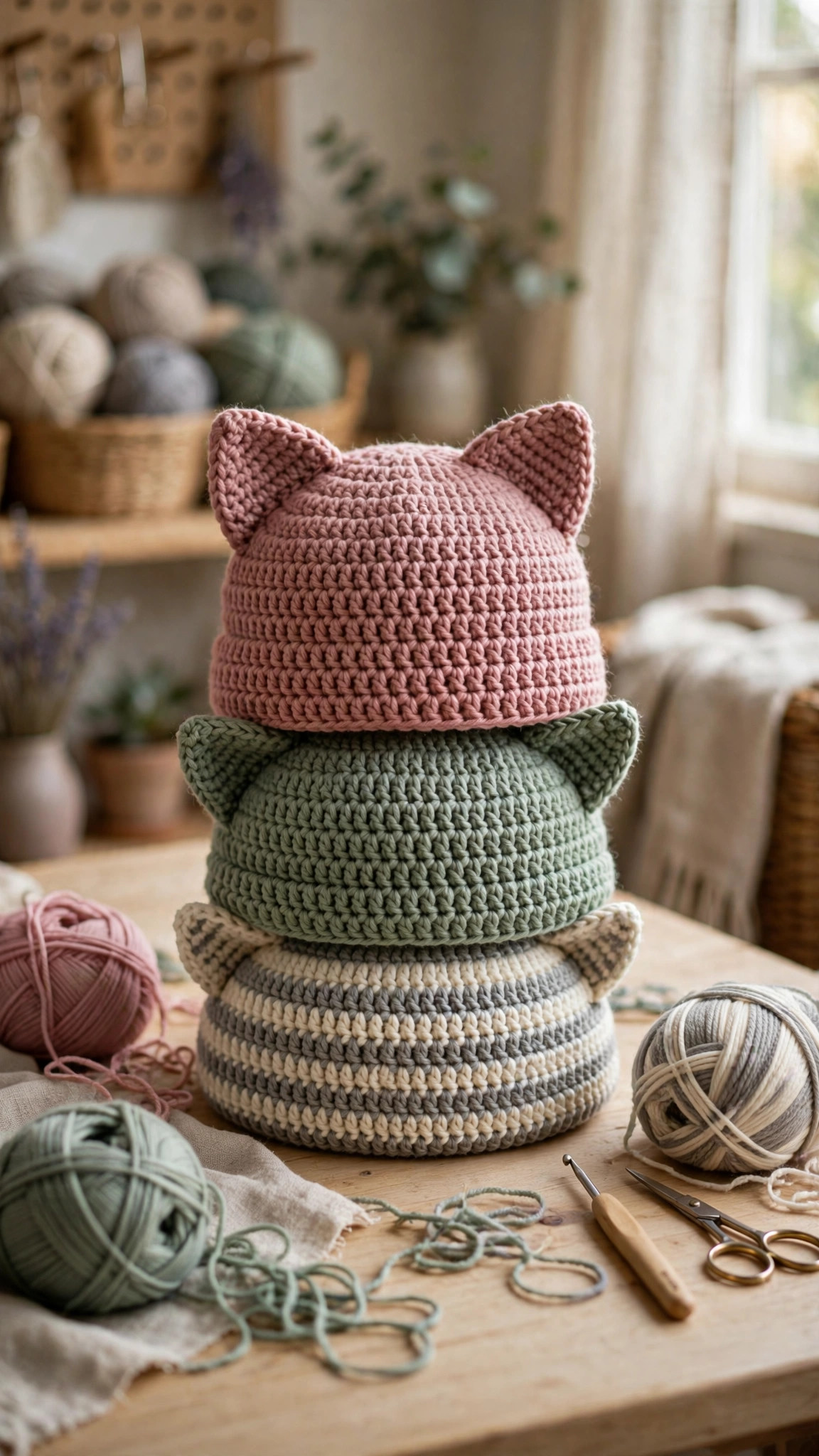Free crochet cat hat patterns: a tabby cat wearing a handmade crocheted cat-ear hat in dusty rose yarn
