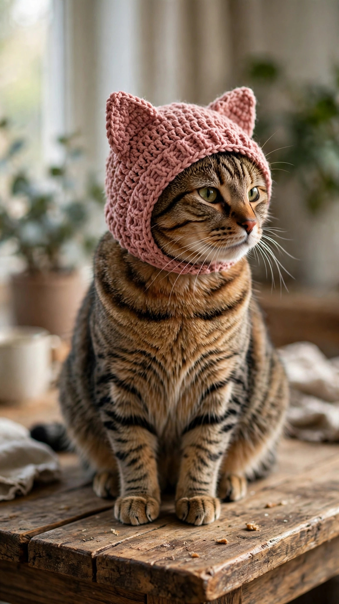 A tabby cat wearing a handmade crocheted cat-ear hat in dusty rose yarn, sitting on a wooden table: free crochet cat hat patterns