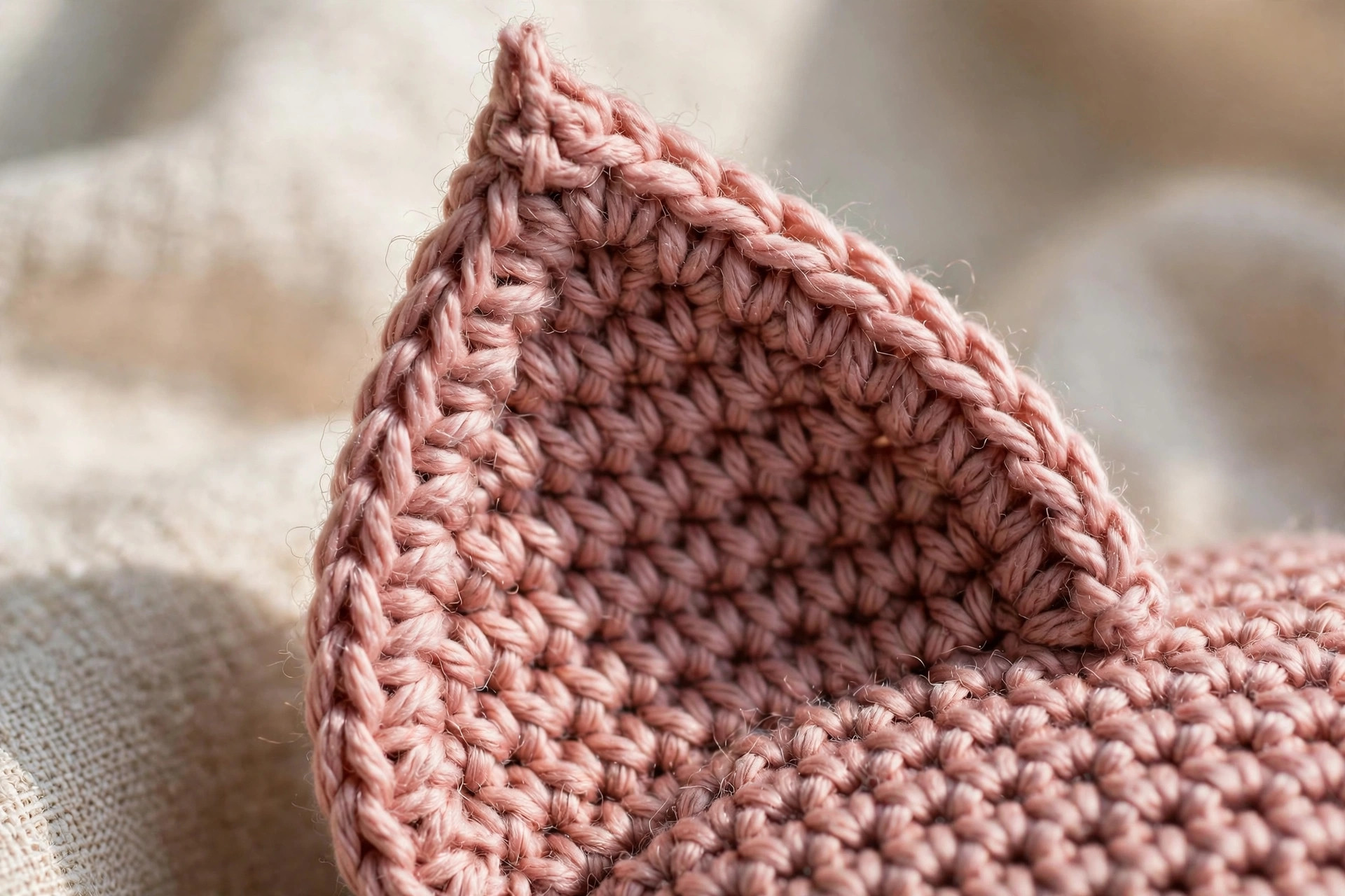 Close-up of a dusty rose crocheted cat ear showing neat half-double crochet stitches and a pointed tip