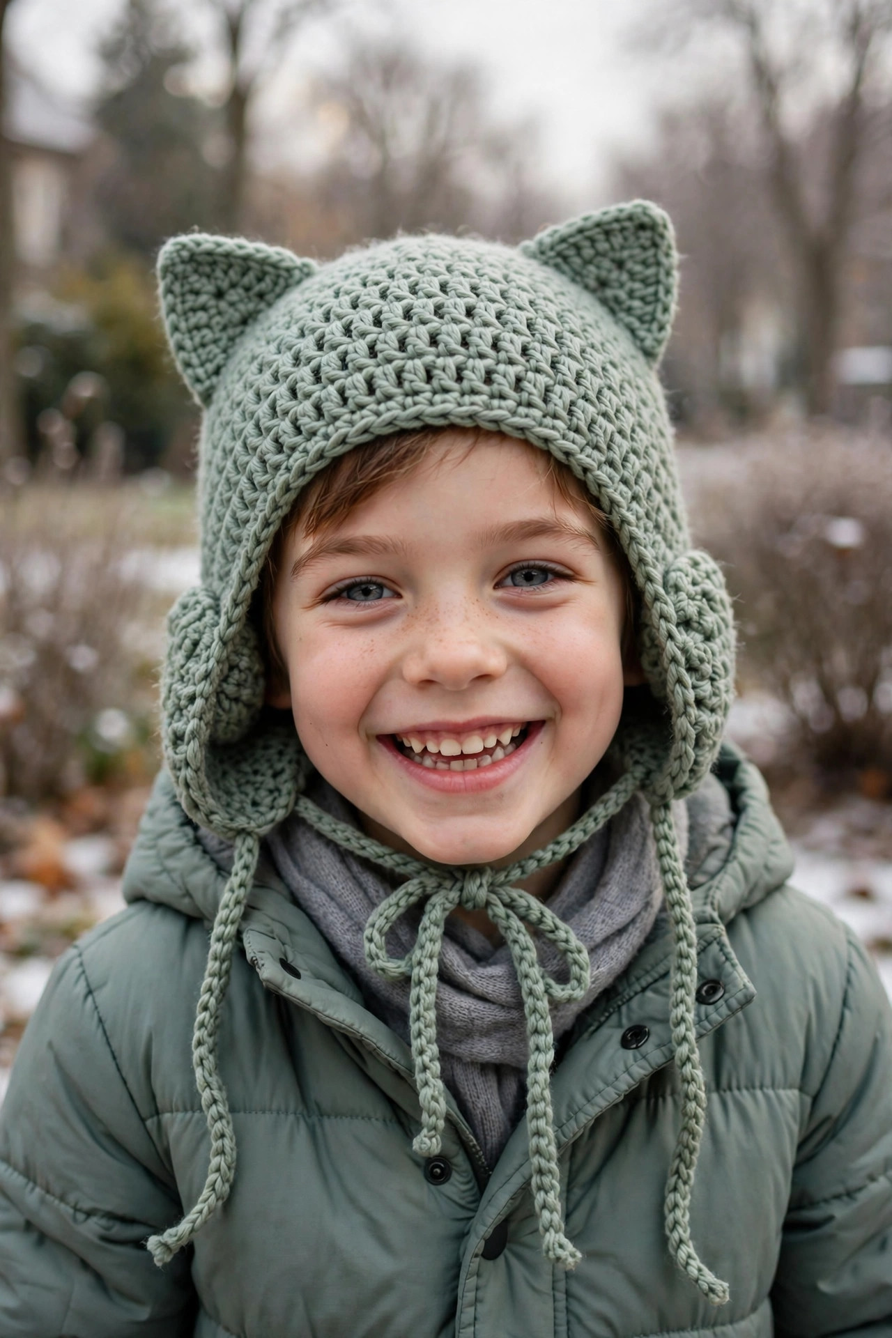 A child wearing a sage green crocheted cat-ear hat with earflaps and ties, smiling outdoors in winter