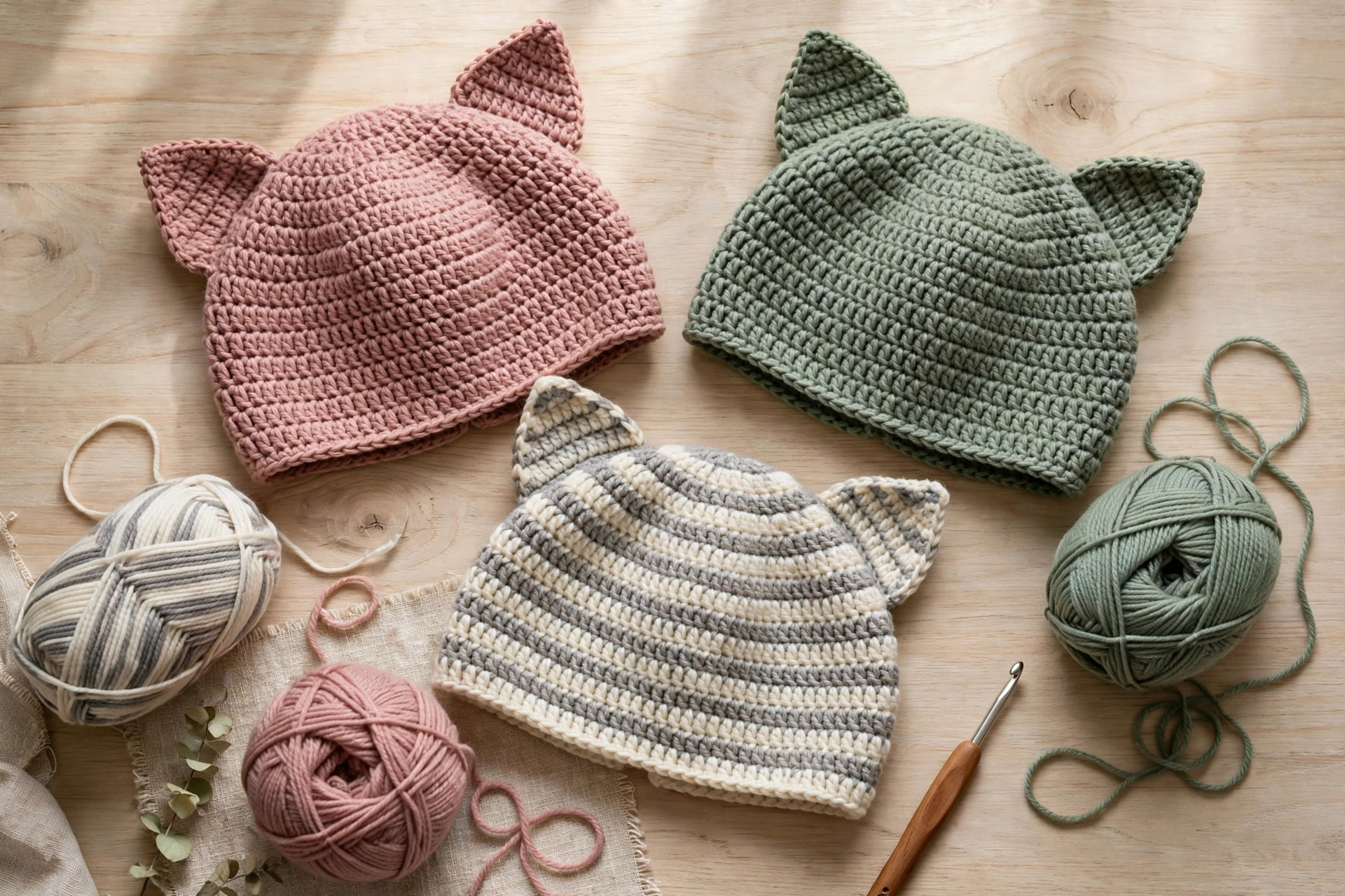 Flat lay of three finished crochet cat hats in dusty rose, sage green and striped cream and grey, with yarn balls and a crochet hook