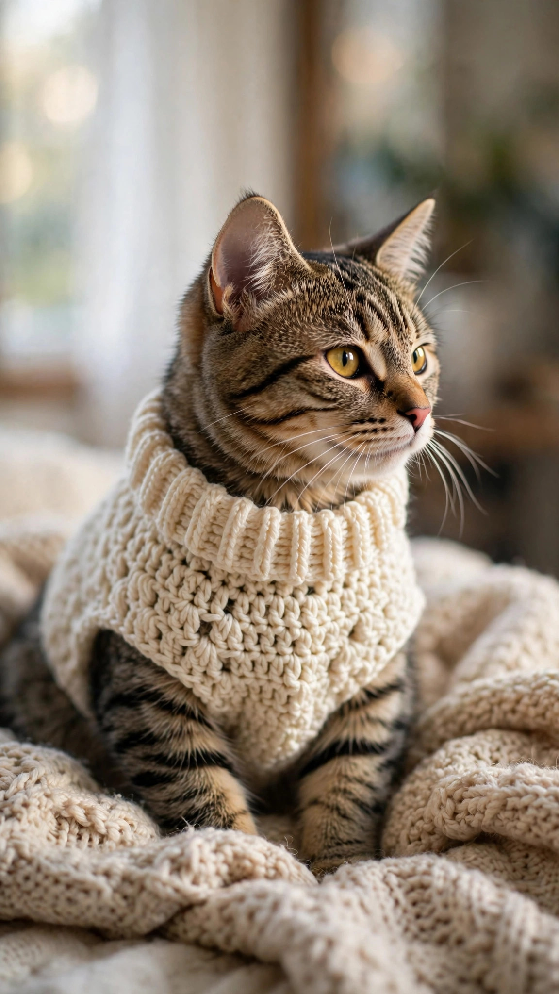 Free crochet cat sweater pattern — tabby cat wearing a cream crochet sweater with ribbed collar, sitting on a knitted blanket