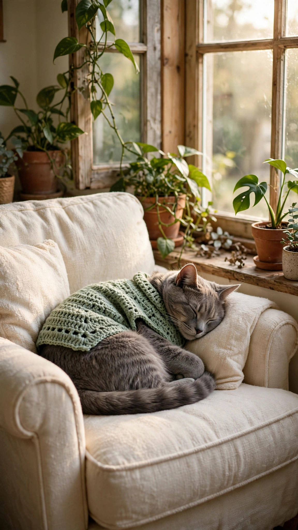 Grey cat curled up asleep wearing a sage green crochet sweater on a cozy armchair — free crochet cat sweater pattern in size M
