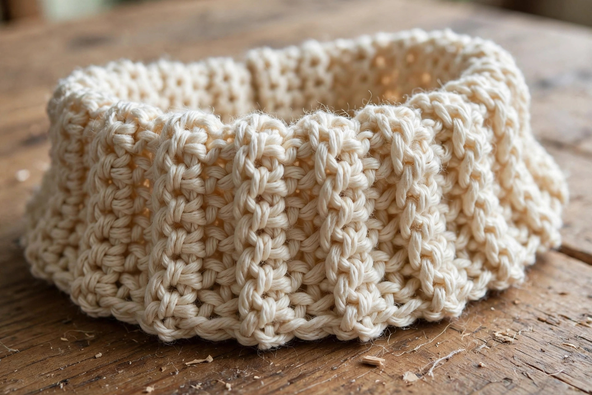 Close-up of the ribbed collar of a handmade crochet cat sweater showing front-post and back-post double crochet texture — free crochet cat sweater pattern